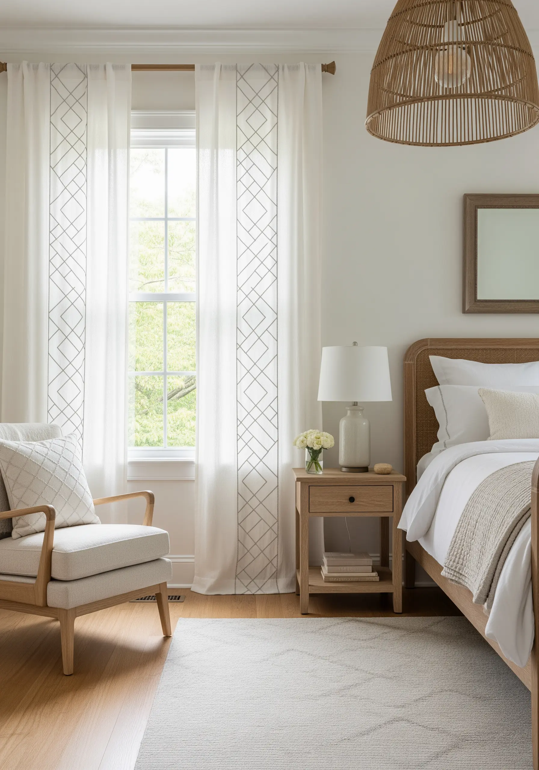 Sheer white curtains with a delicate, gray geometric pattern embroidered along the borders.