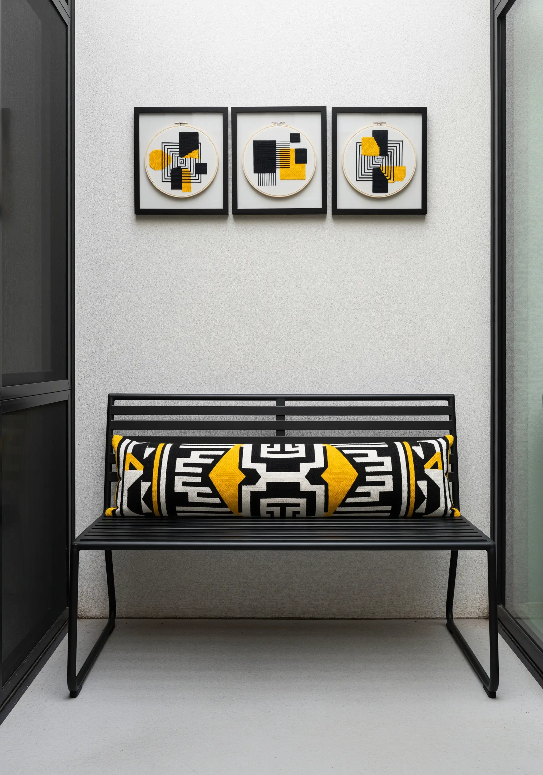 A trio of framed embroidery hoops with abstract yellow, black, and white geometric patterns.