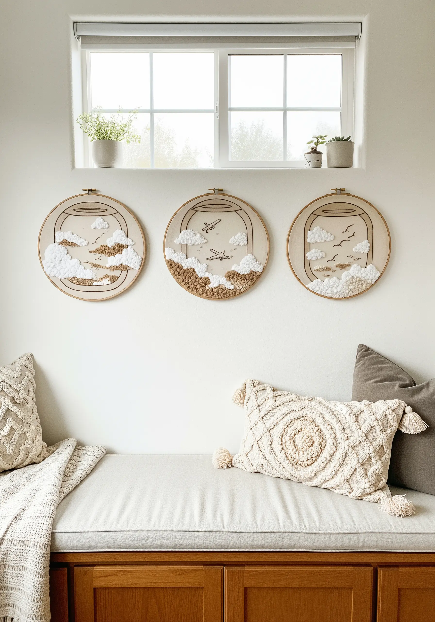 Three embroidery hoops depicting cloudy sky scenes as viewed from an airplane window