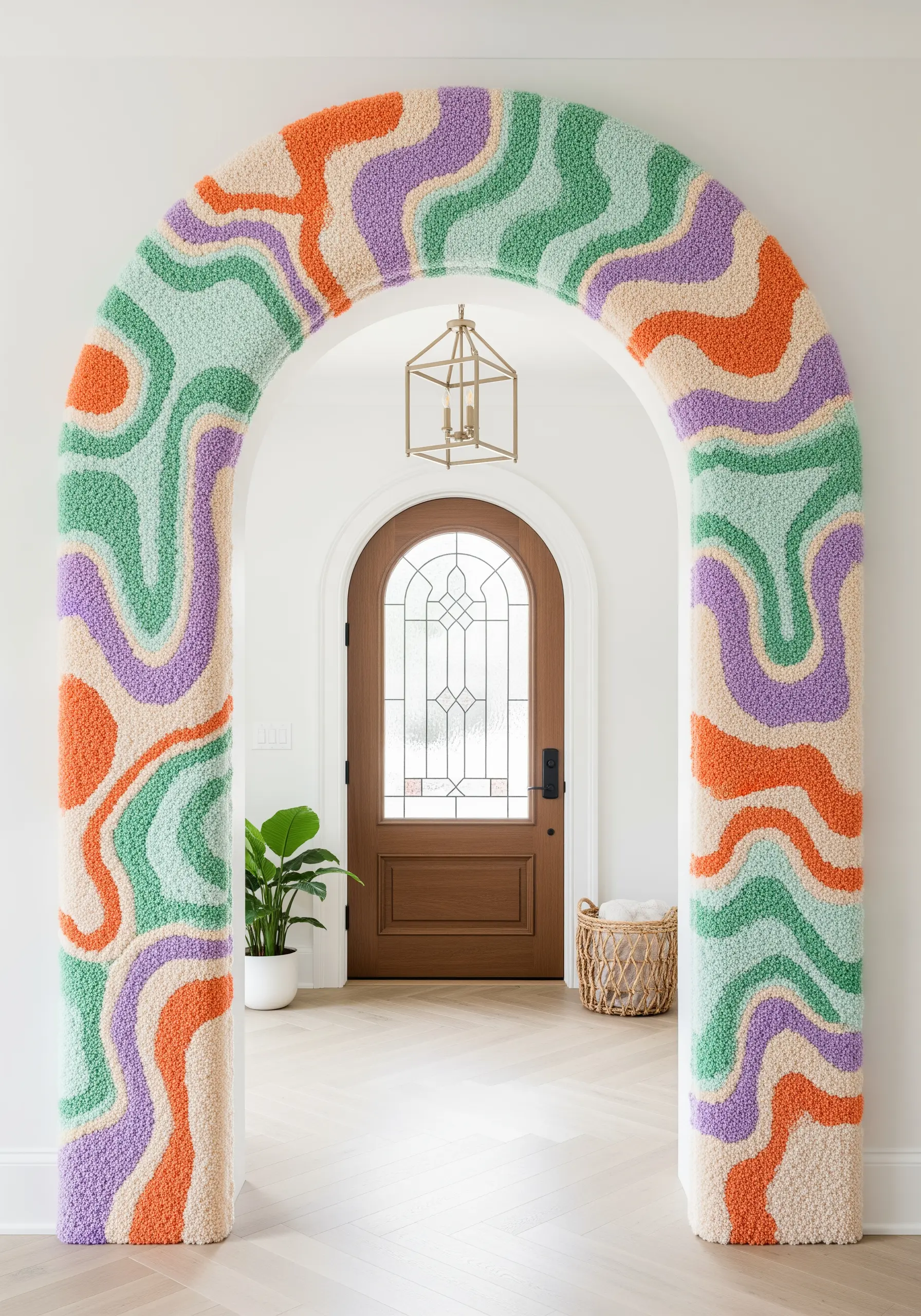 A tufted fiber art installation with wavy patterns in pastel colors framing a hallway arch.