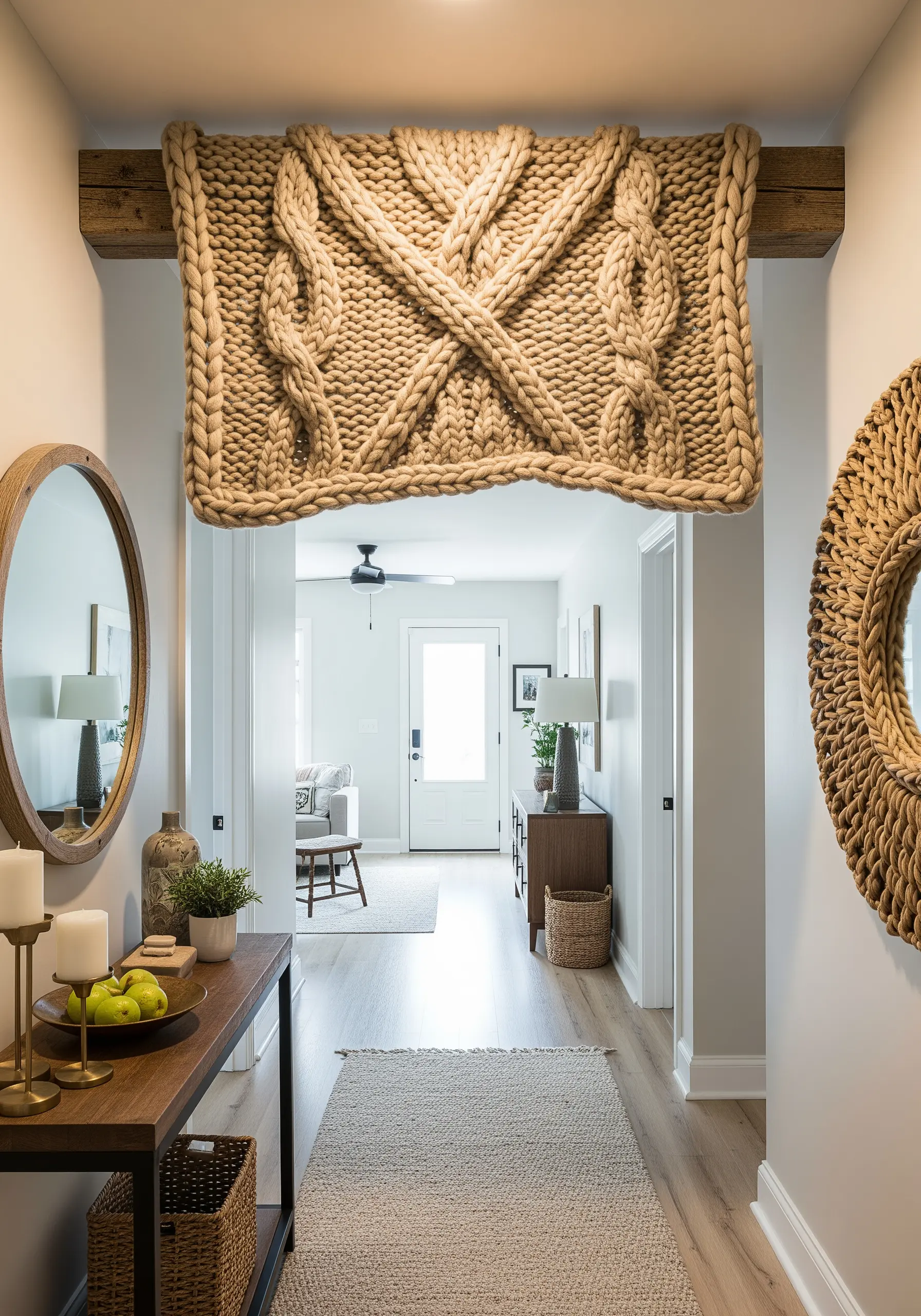 A giant chunky cable knit panel in beige yarn hanging over an entryway.