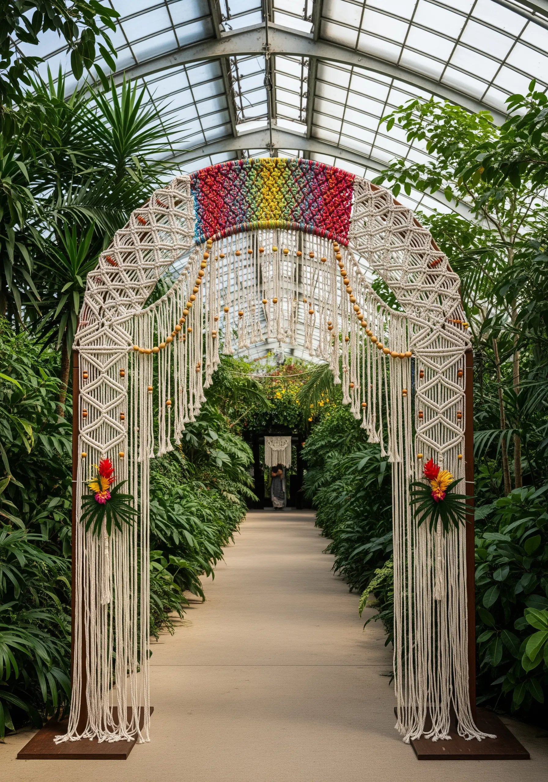 An ornate macrame archway with a rainbow top section set up in a lush greenhouse.