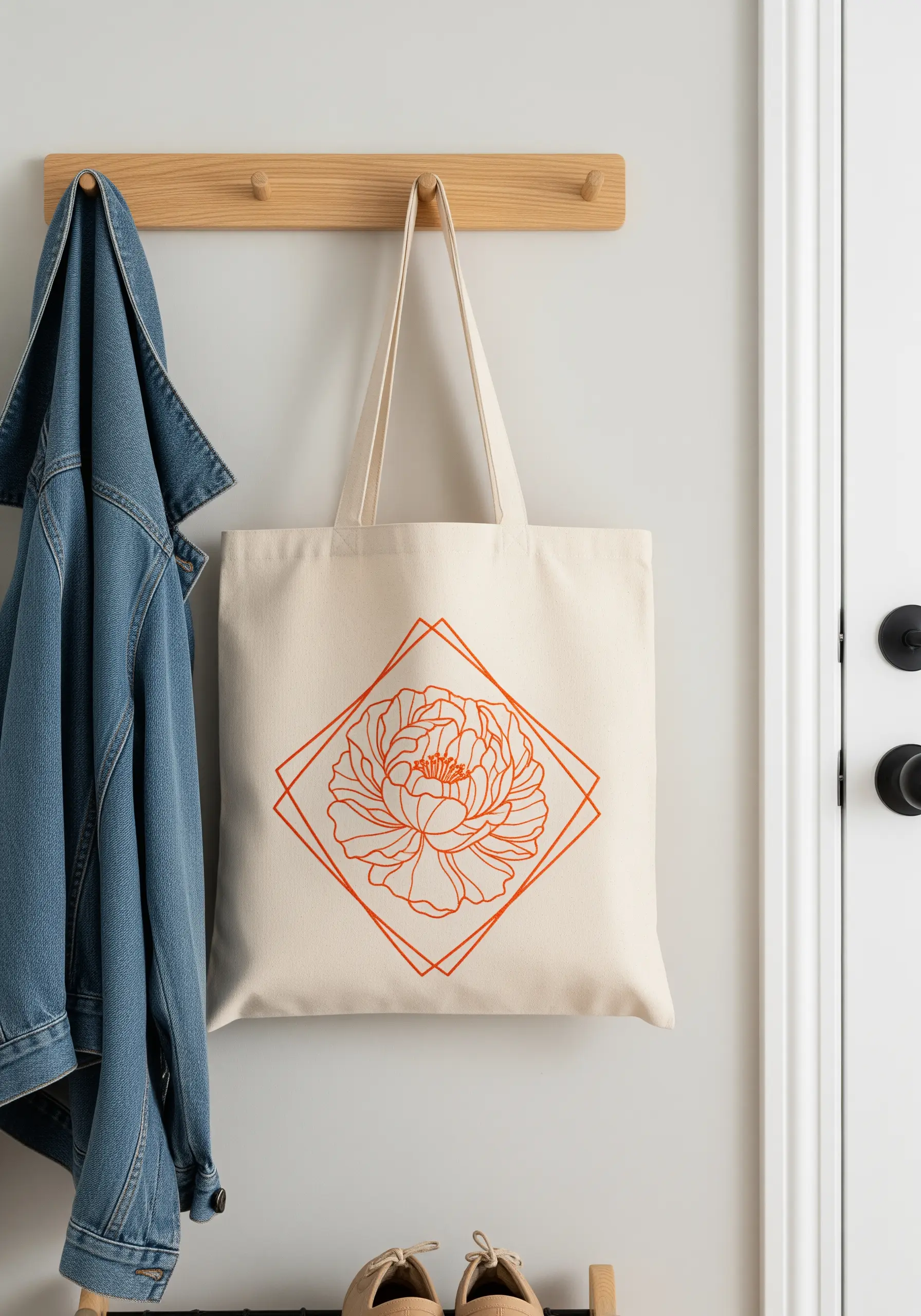 An orange line-art peony embroidered on a canvas tote bag, framed by a geometric diamond.