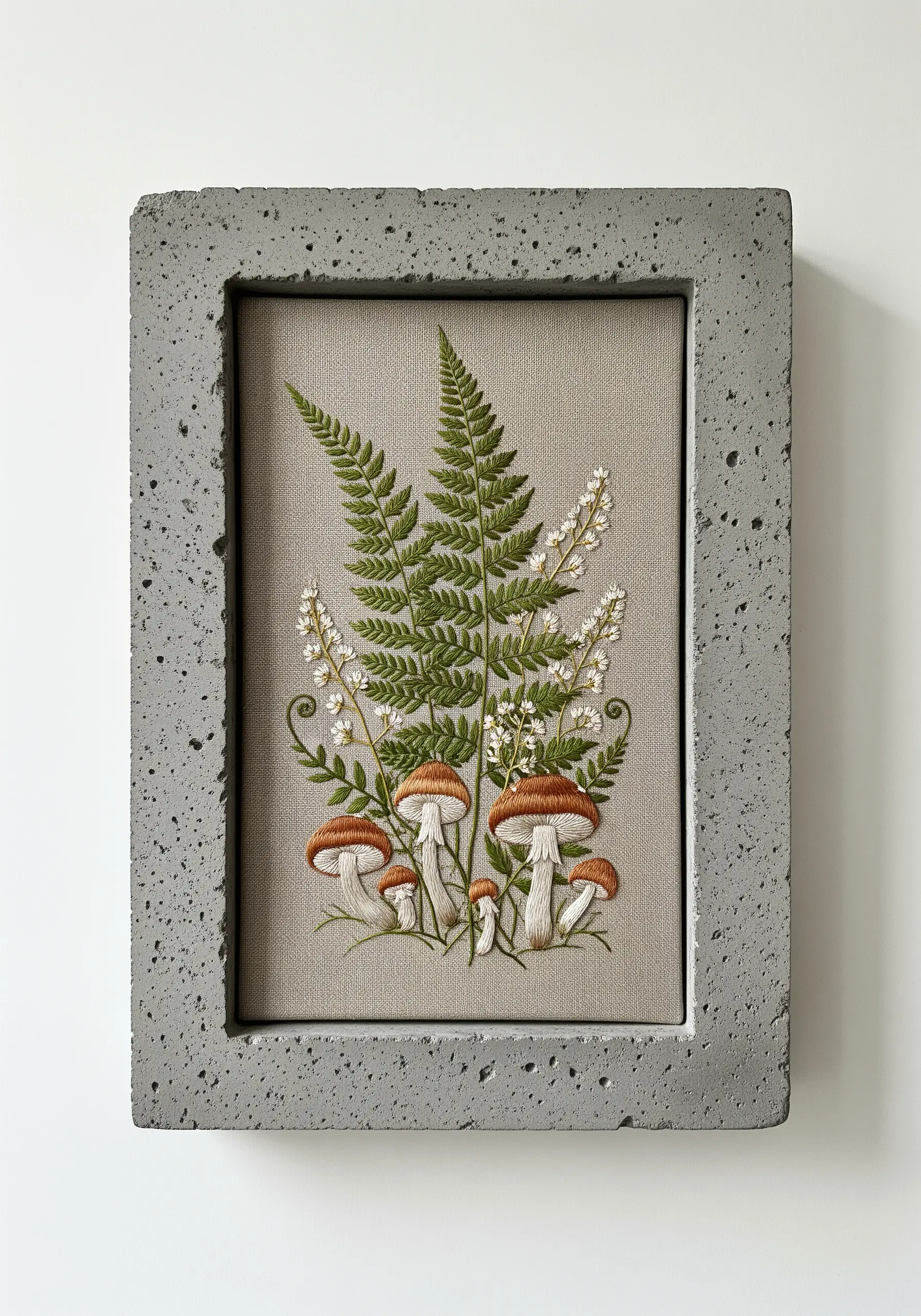 Realistic embroidery of ferns and mushrooms displayed in a rough, textured concrete frame.