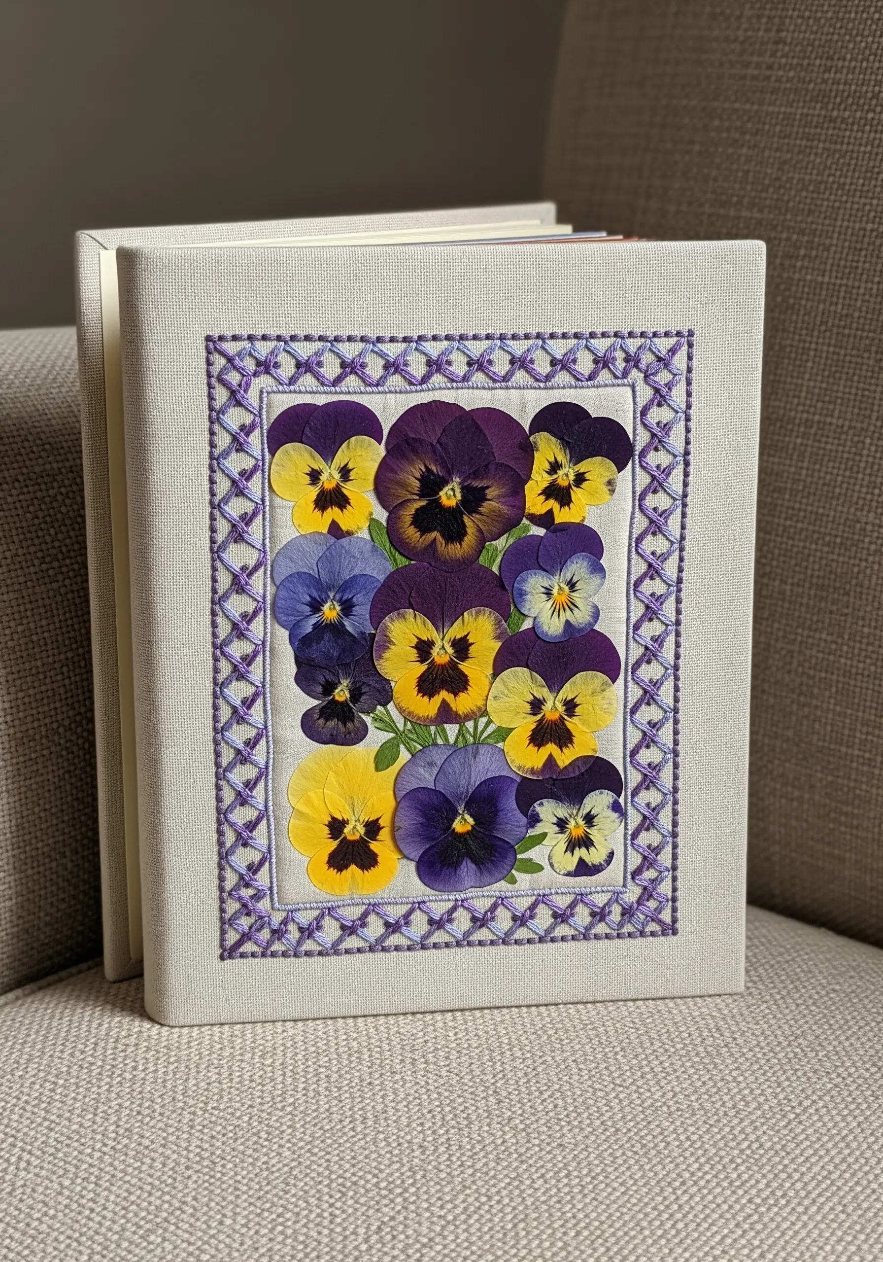 Pressed pansies on a book cover framed with a purple cross-stitch border.