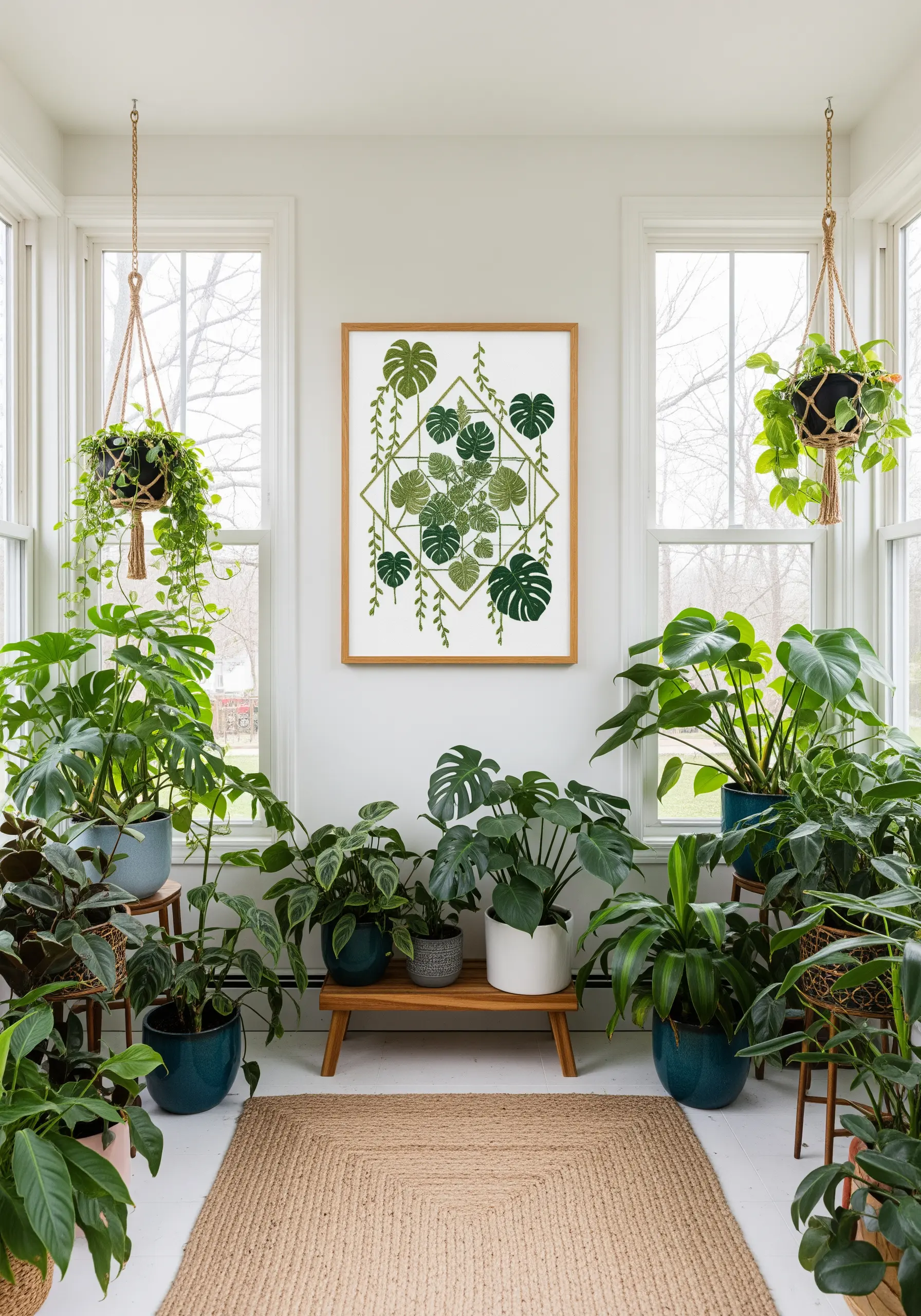 An embroidery of Monstera leaves and vines contained within a geometric diamond shape.