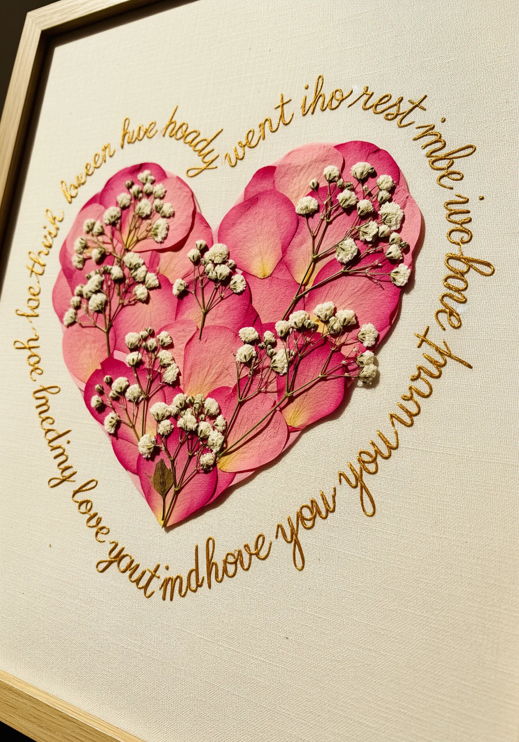 A heart of pink rose petals surrounded by hand-embroidered cursive text in gold thread.