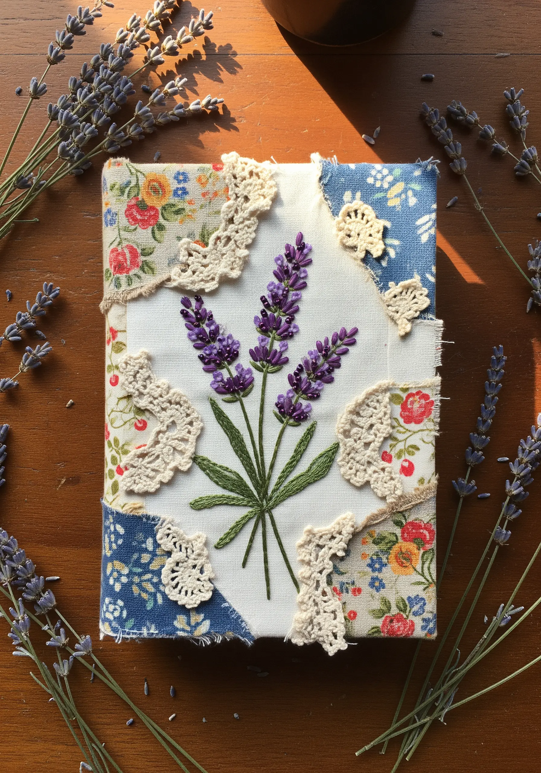 Embroidered lavender on a patchwork journal cover framed with scraps of crochet lace.