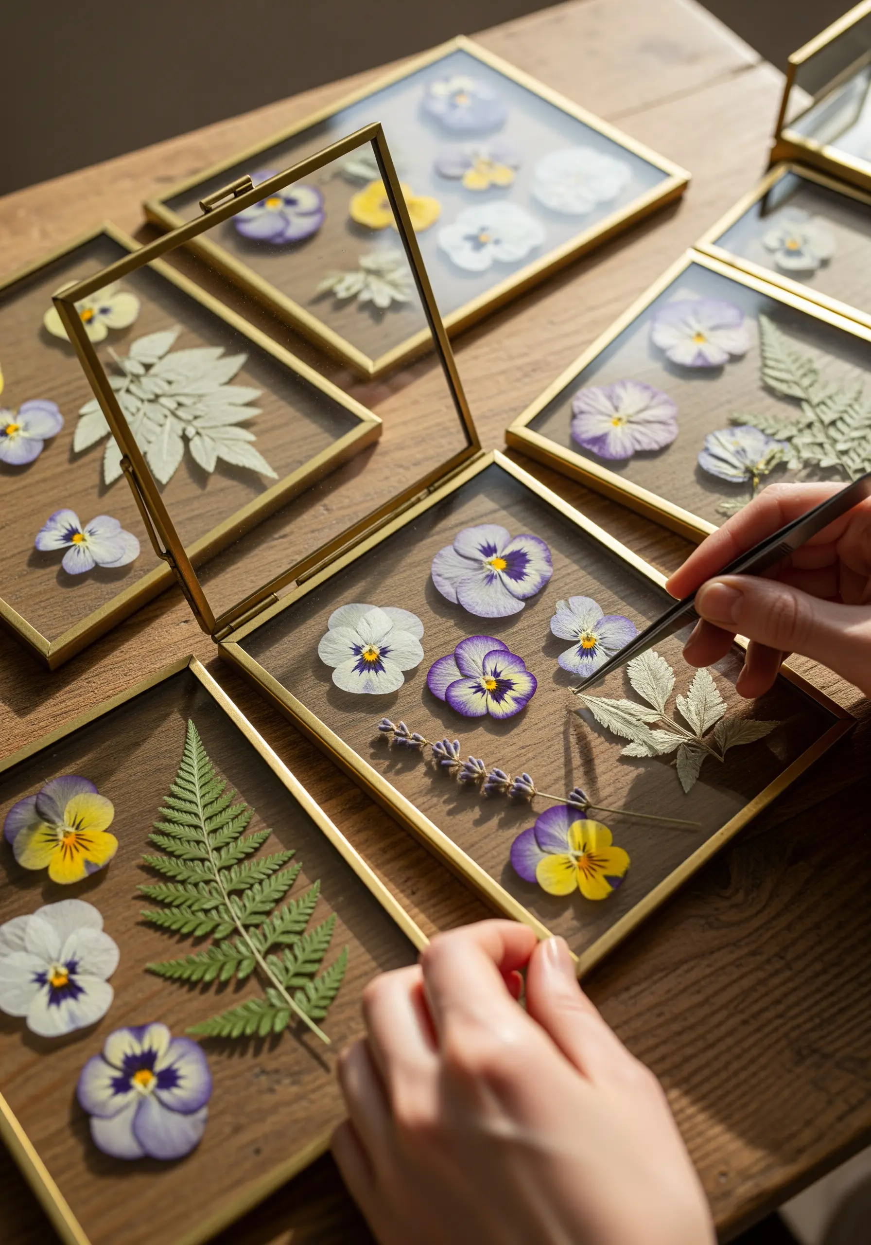 Hands arranging pressed pansies and ferns inside a brass and glass display frame.