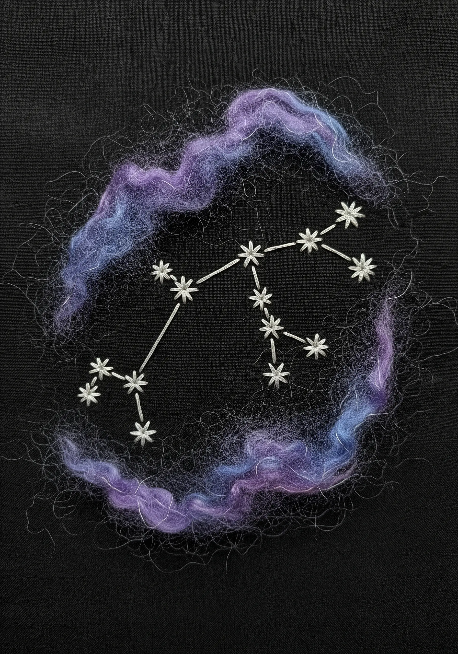 Sagittarius constellation stitched in white thread, framed by a halo of purple and blue wool roving.