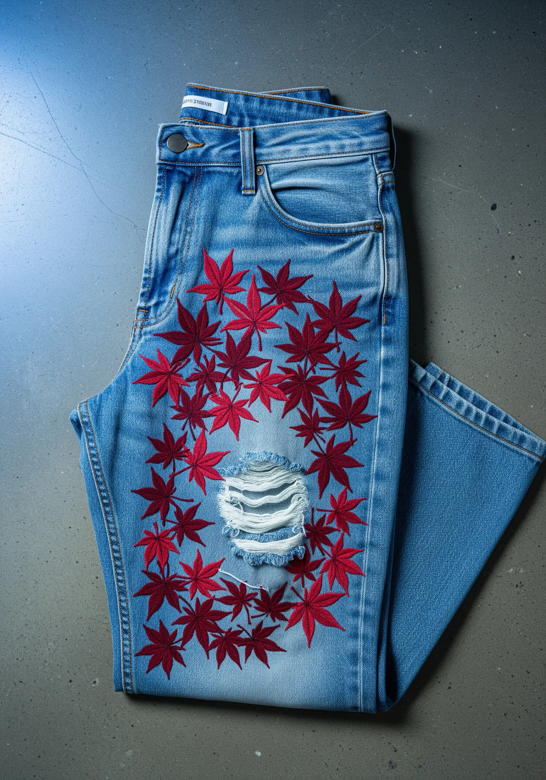 A circle of bright red maple leaves embroidered around a ripped patch on a pair of jeans.
