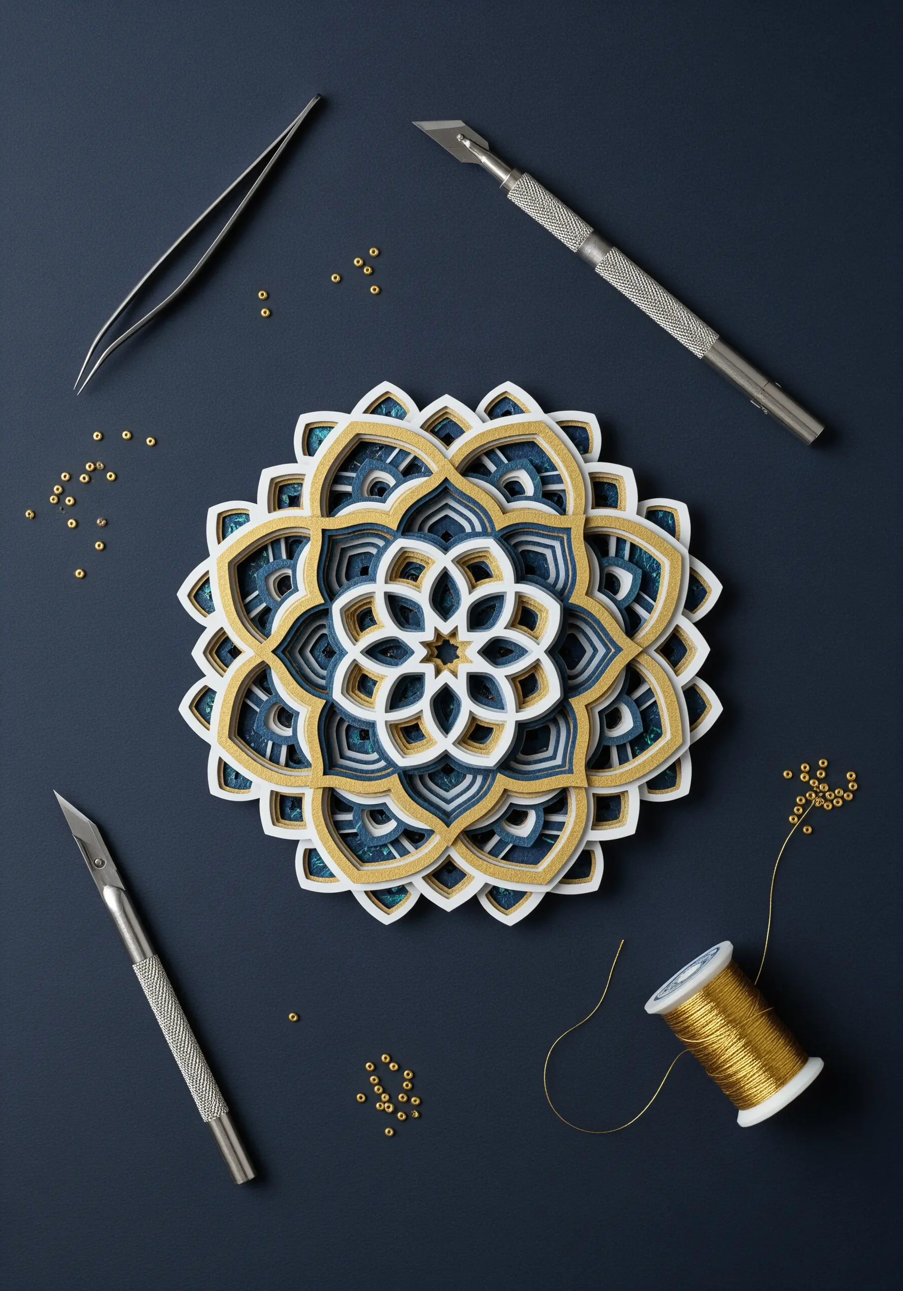 A multi-layered paper mandala in blue, white, and gold, with craft tools and metallic thread nearby.