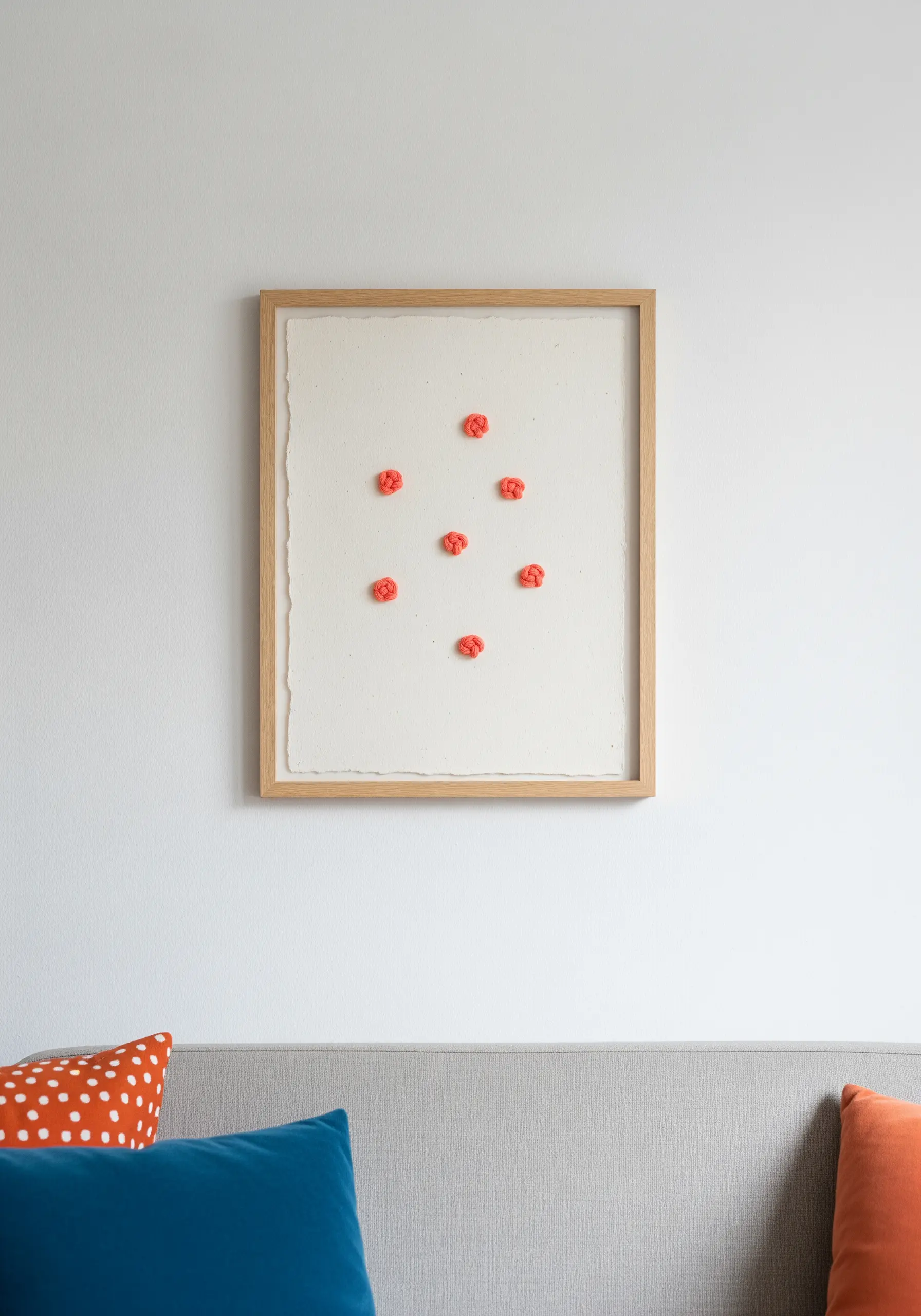 A minimalist framed piece with small clusters of bright red French knots on textured paper