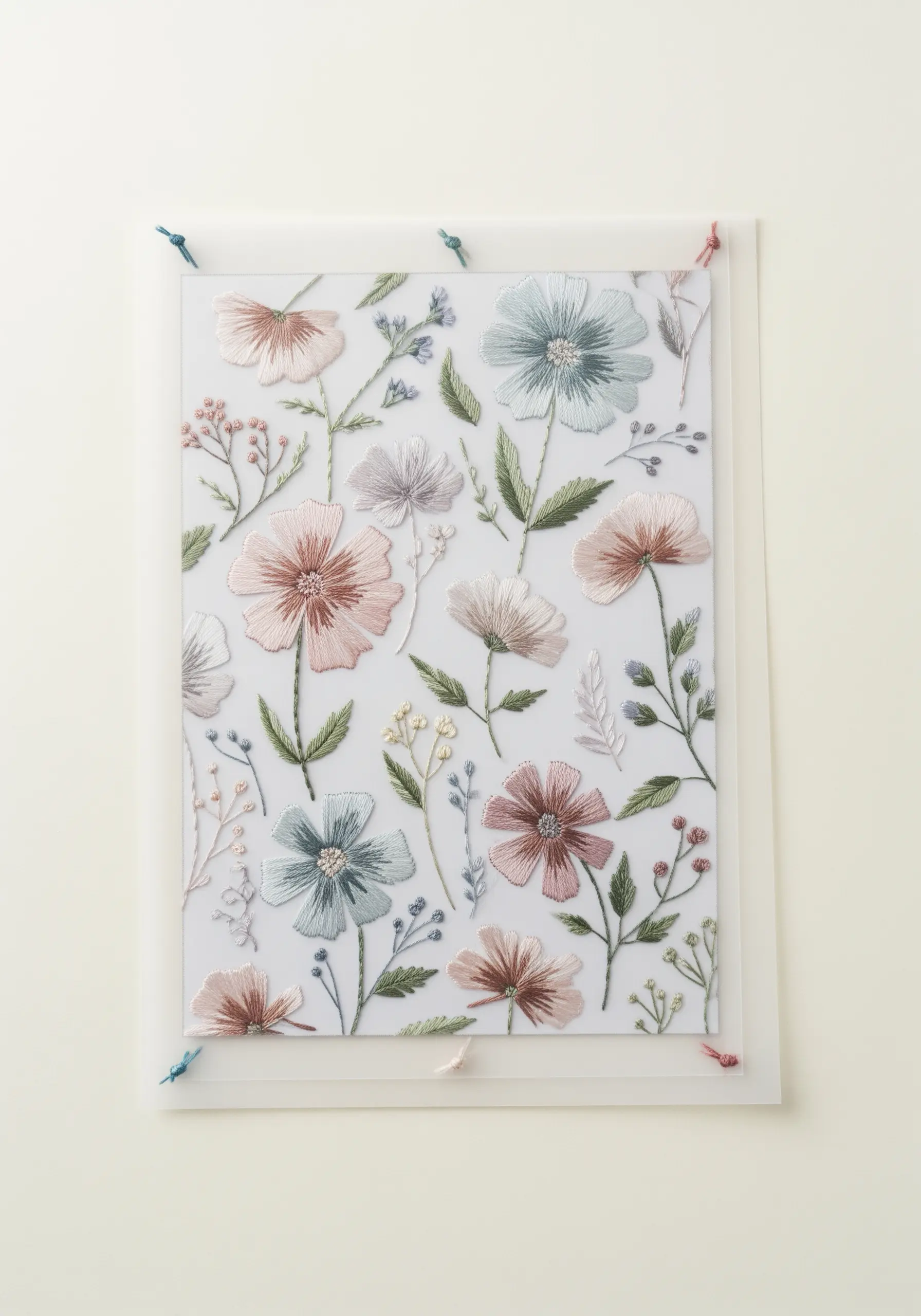 Delicate floral embroidery on translucent paper displayed in a clear acrylic frame.