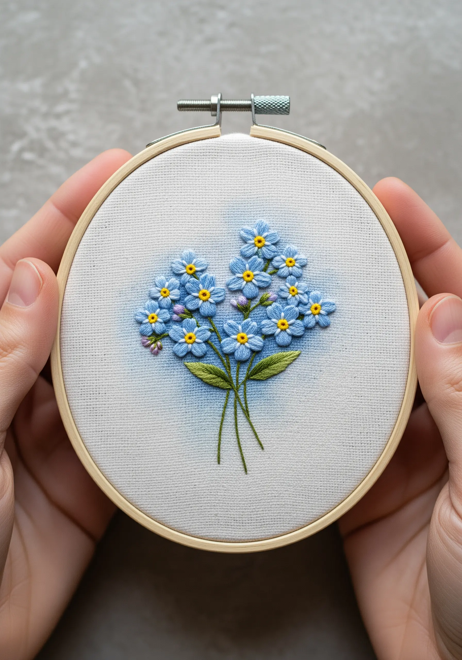A small bouquet of forget-me-nots with a soft blue watercolor halo behind them.