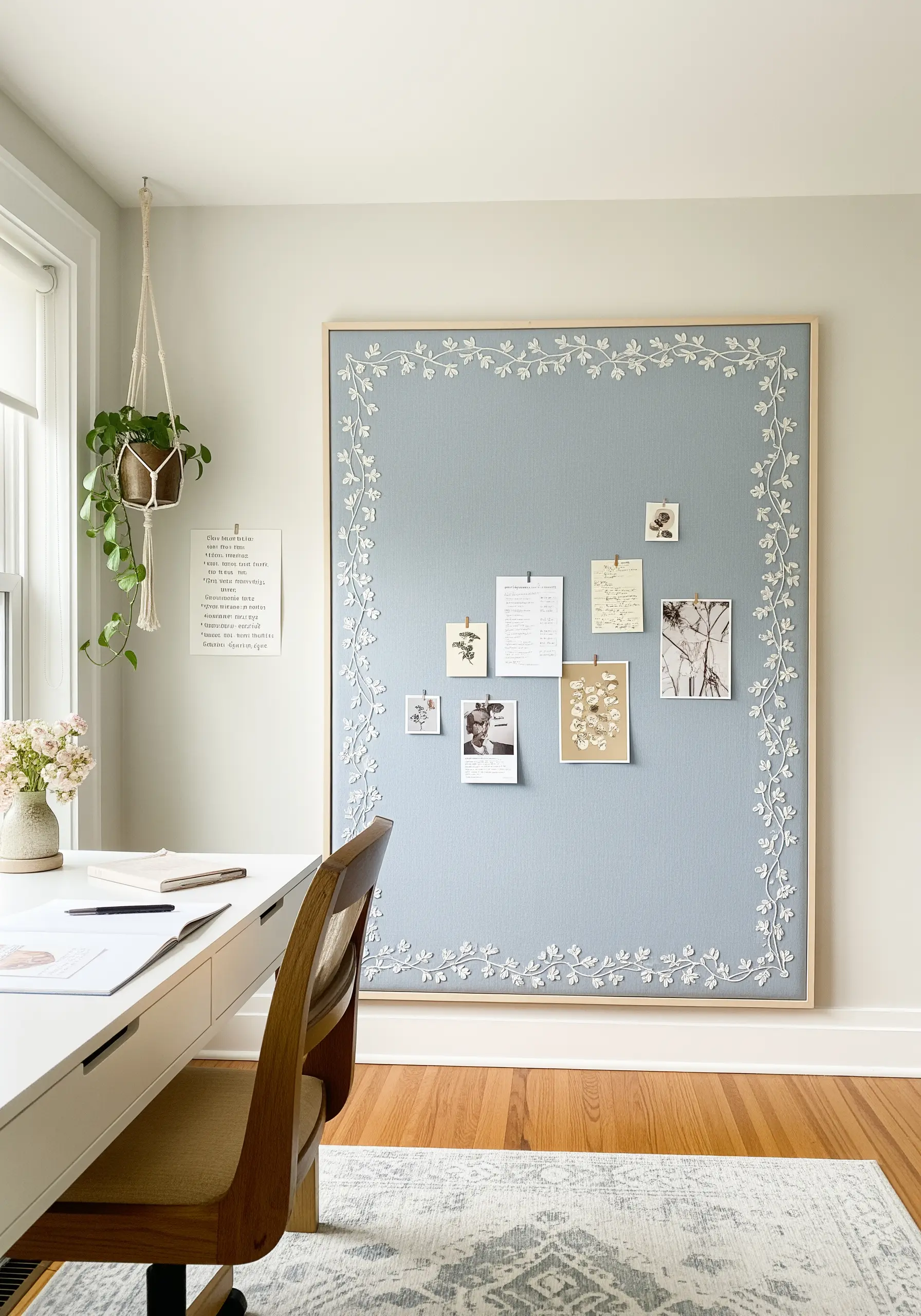 A large, light blue linen pinboard framed with a delicate, hand-embroidered white leaf border.