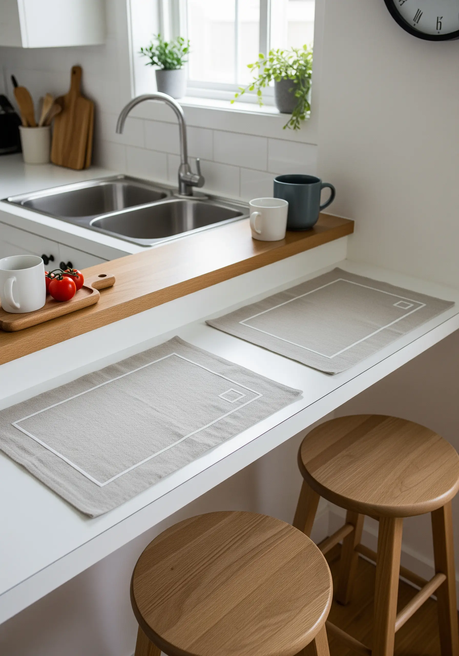 Two neutral placemats on a kitchen counter, each embroidered with a simple, clean white rectangular border.