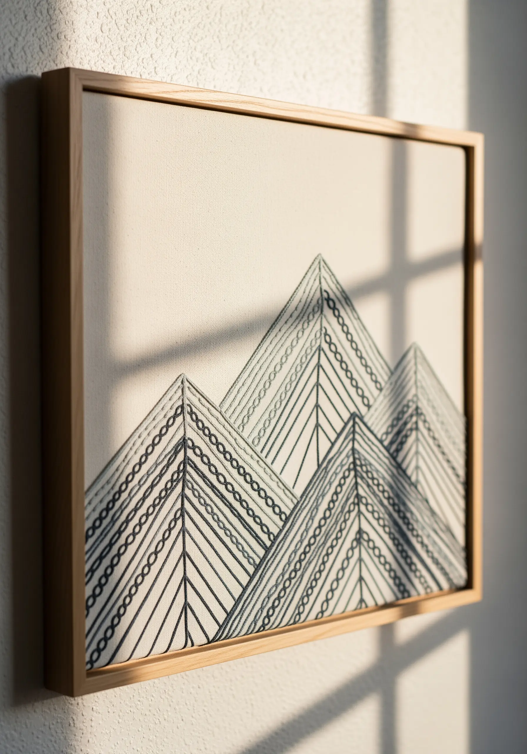Framed embroidery on canvas featuring geometric mountains filled with line patterns.