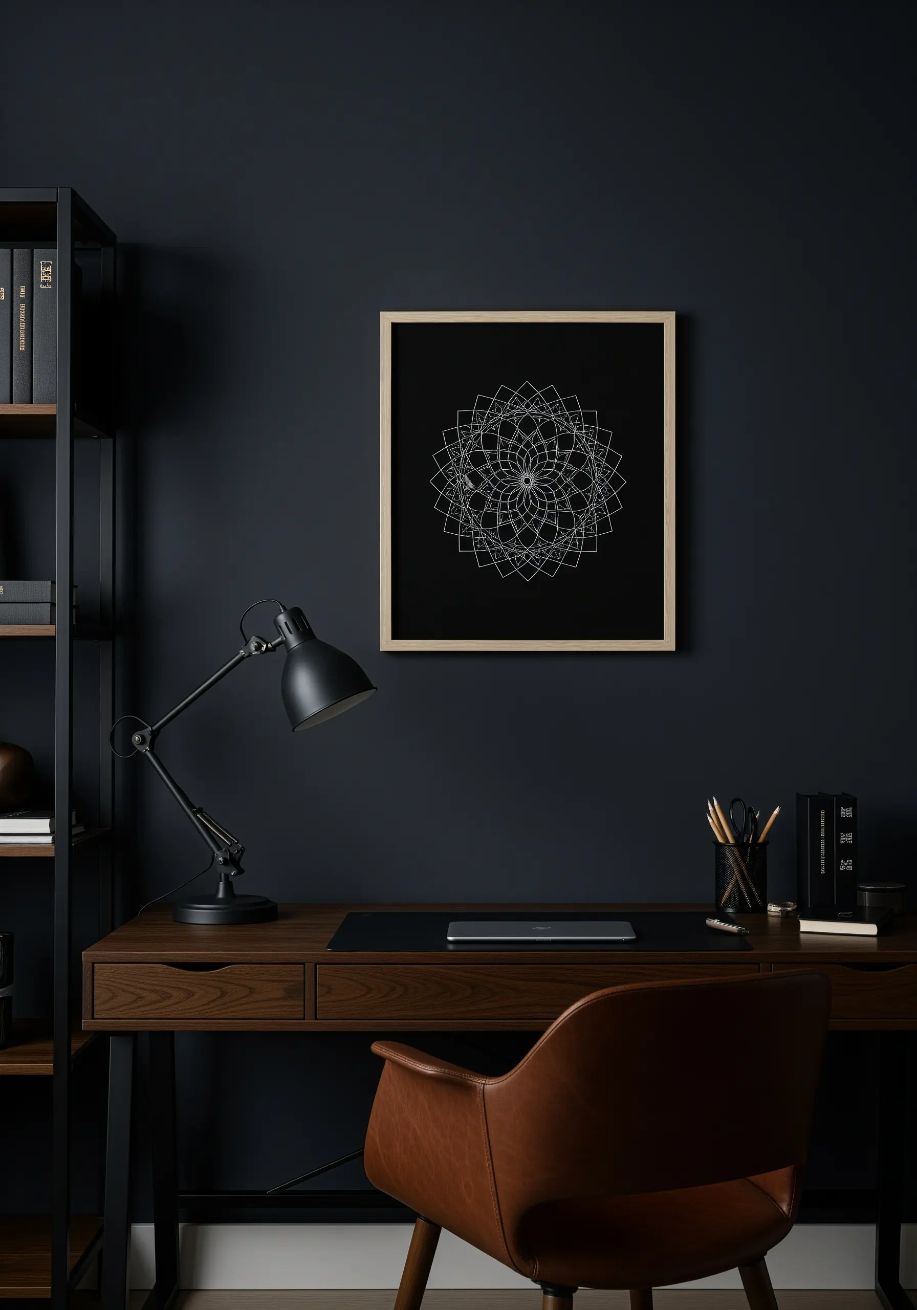A framed geometric mandala in white thread on black fabric, hung over a modern desk.