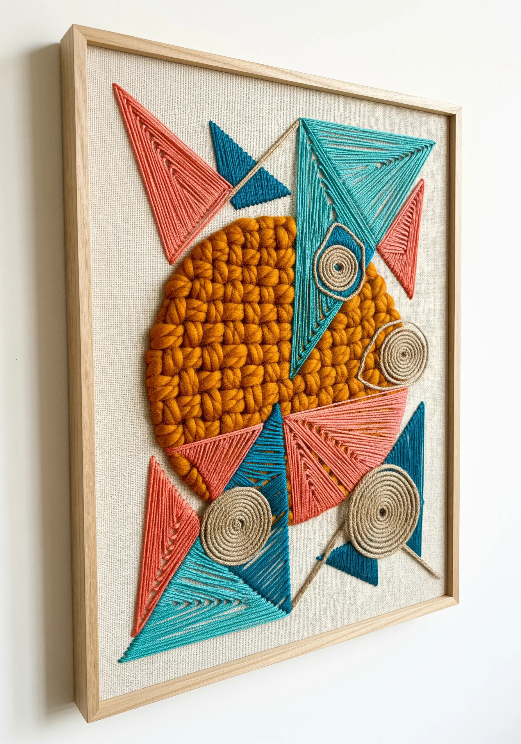 Framed geometric string art with orange, teal, and coral yarn.