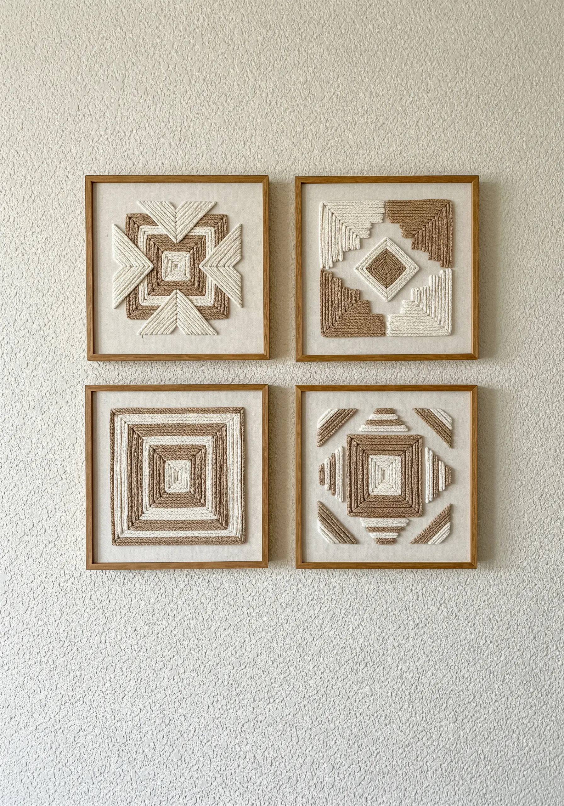 Four framed pieces of geometric yarn art in ivory and sand tones on a textured wall