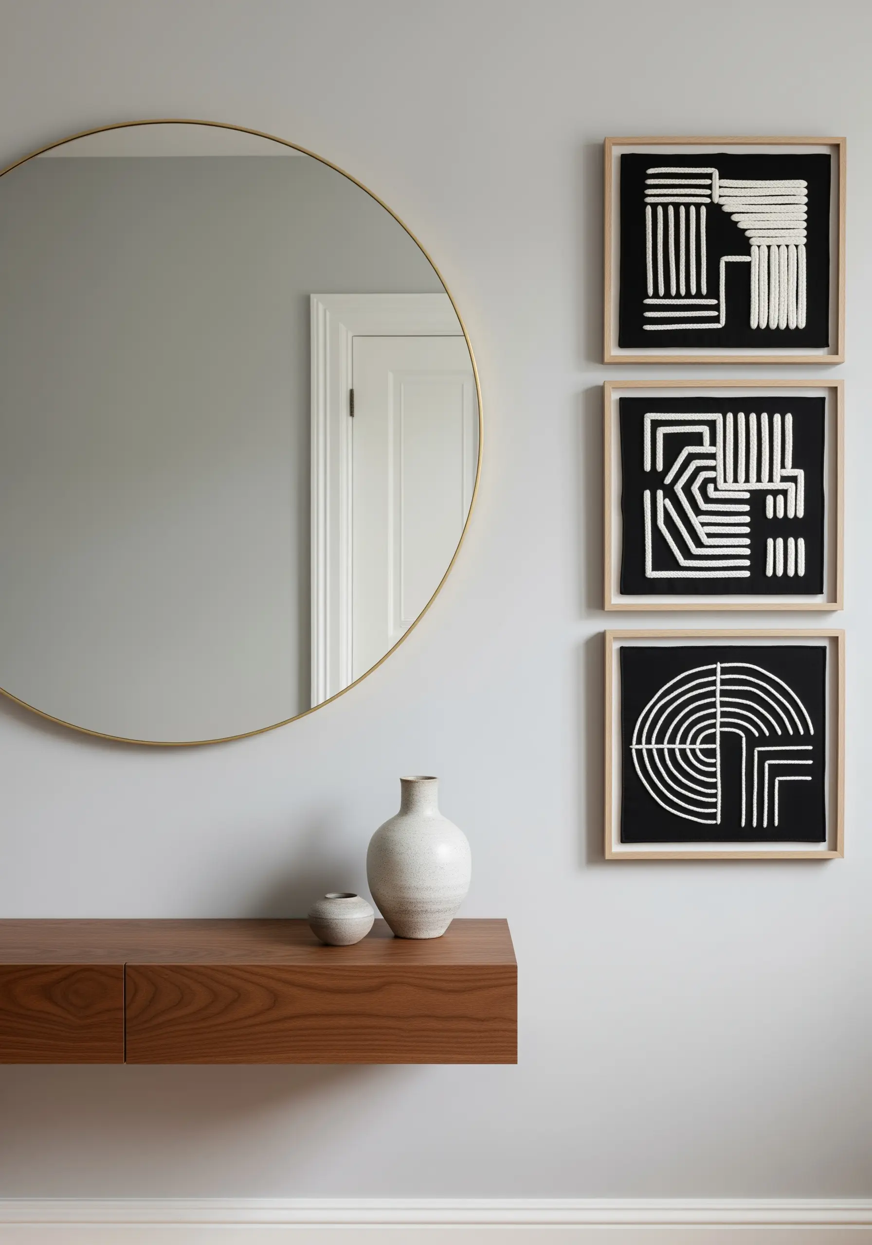 Framed black fabric with bold, white abstract geometric line embroidery.