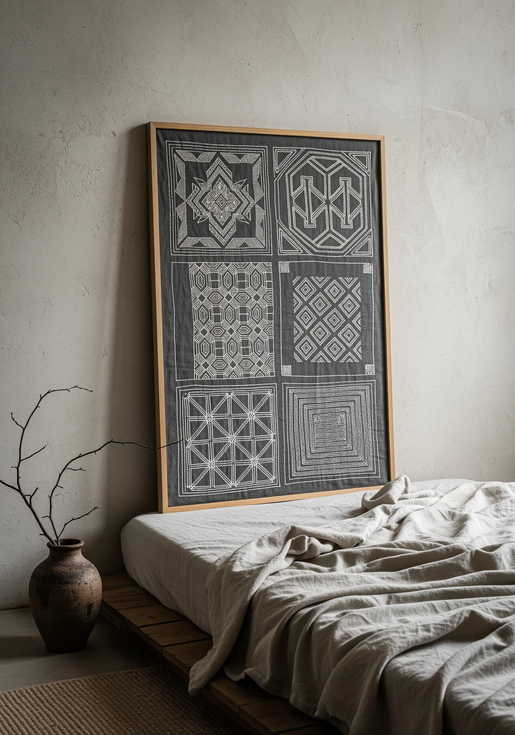 Large framed black fabric with four white geometric embroidery patterns.
