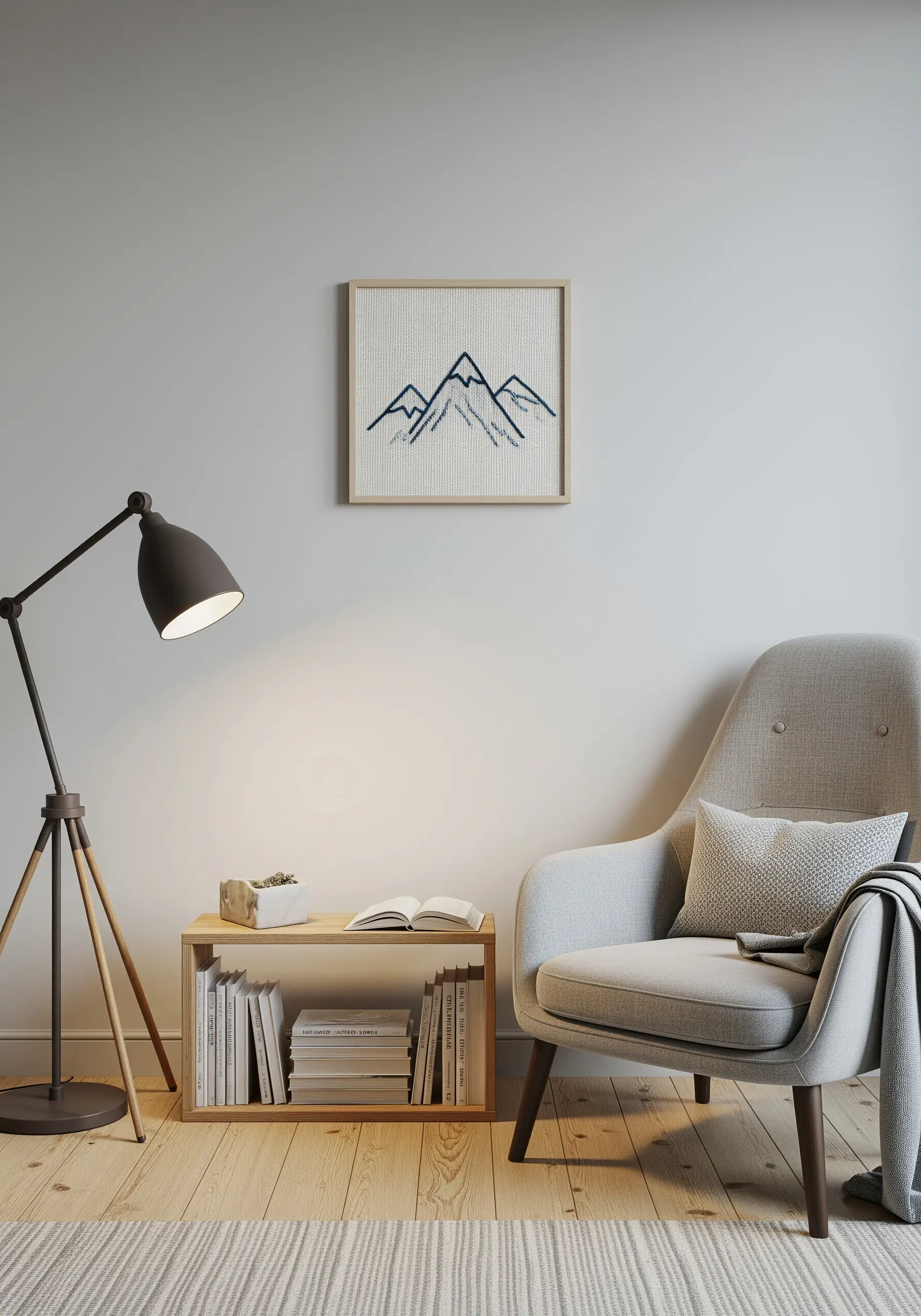 Framed embroidery of minimalist mountain outlines on a living room wall.