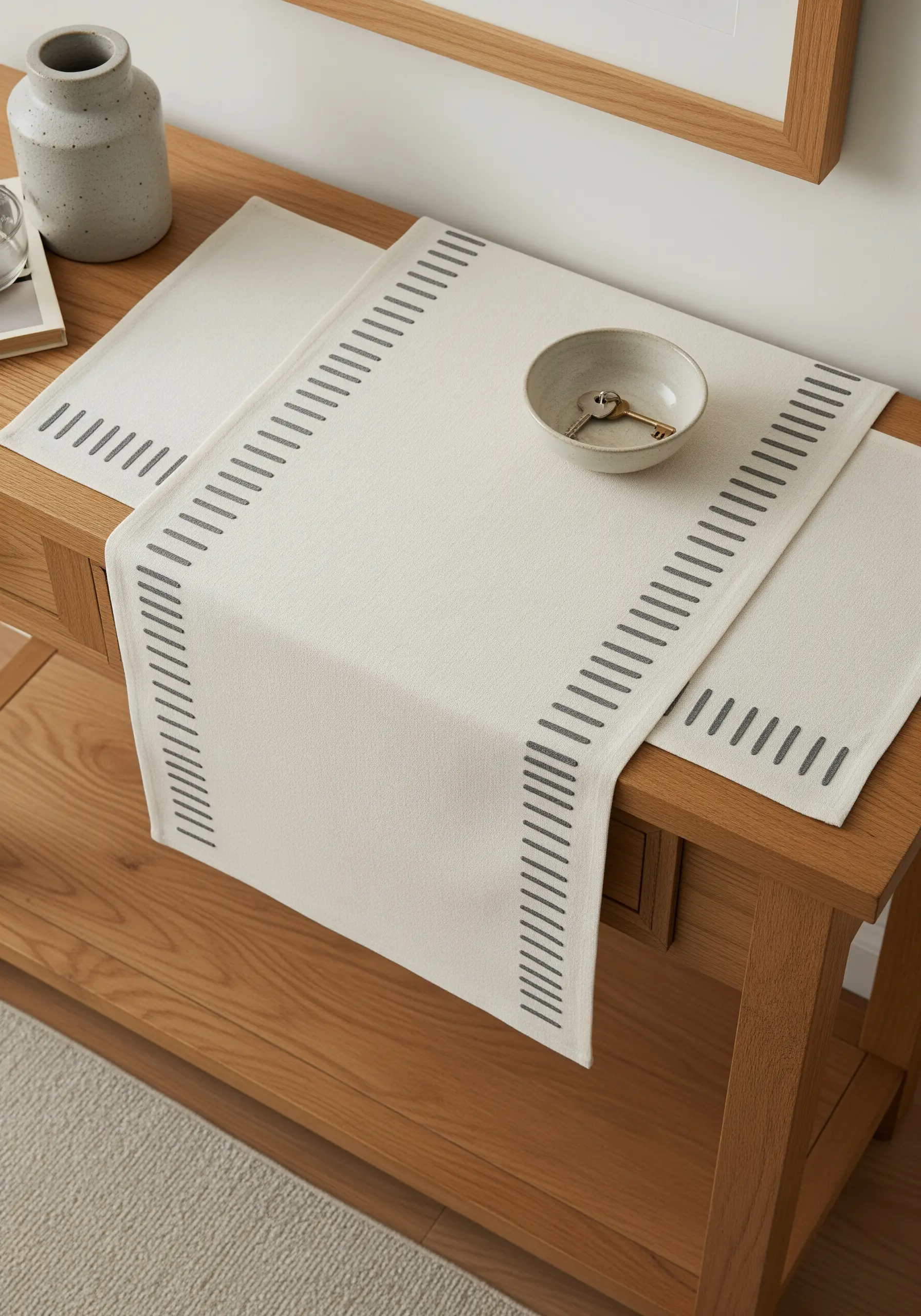 A modern table runner with a border of evenly spaced vertical grey bars.
