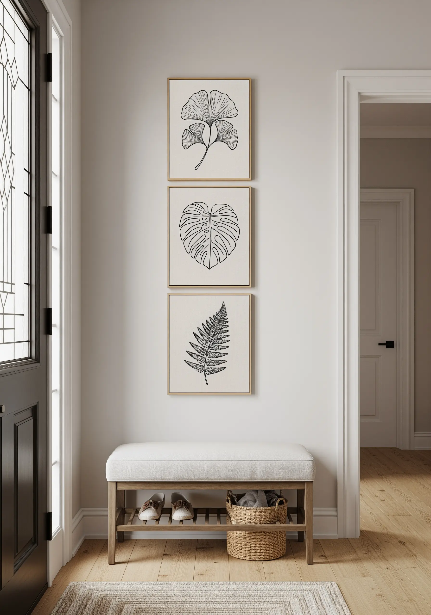 Three framed embroidery pieces with minimalist black line art of different leaves.
