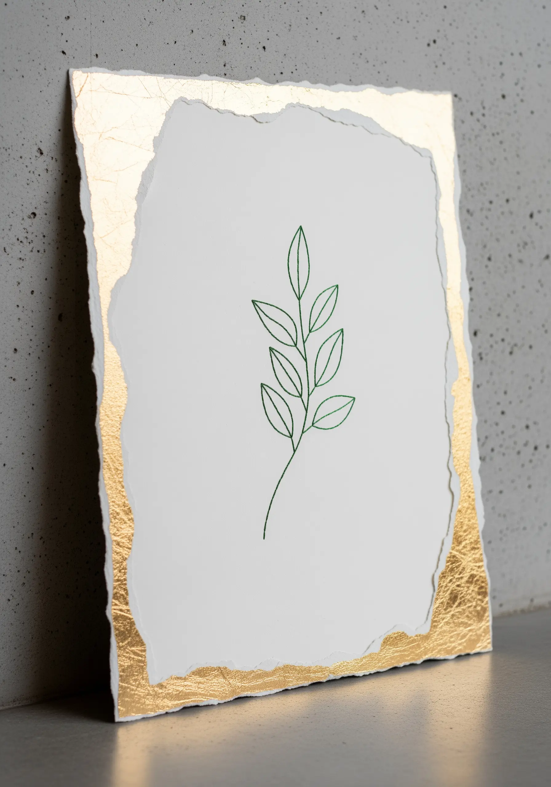 A minimalist green thread leaf embroidery on torn-edge paper with a gold leaf border.