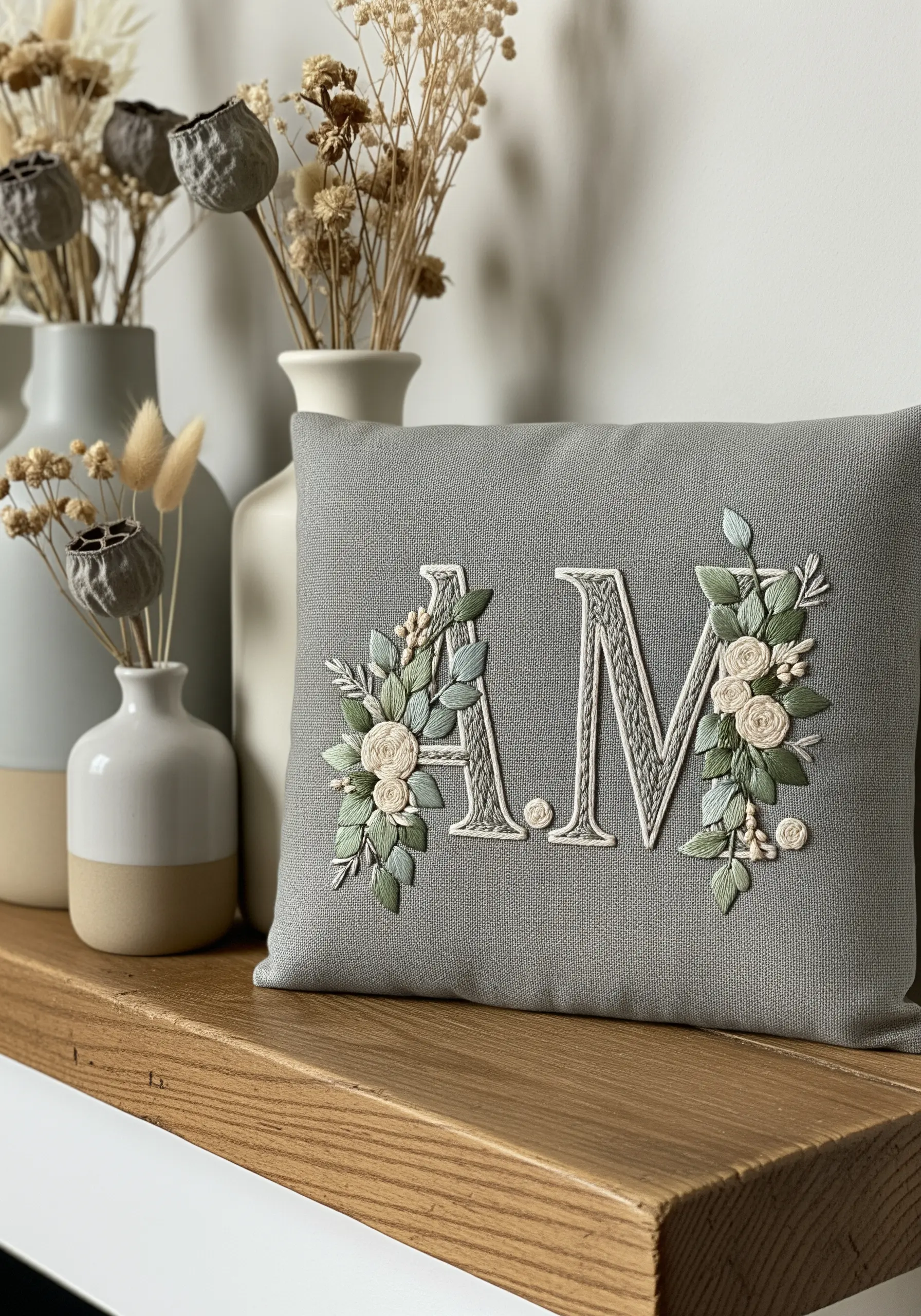 Embroidered monogram on a grey cushion framed with white roses and sage leaves