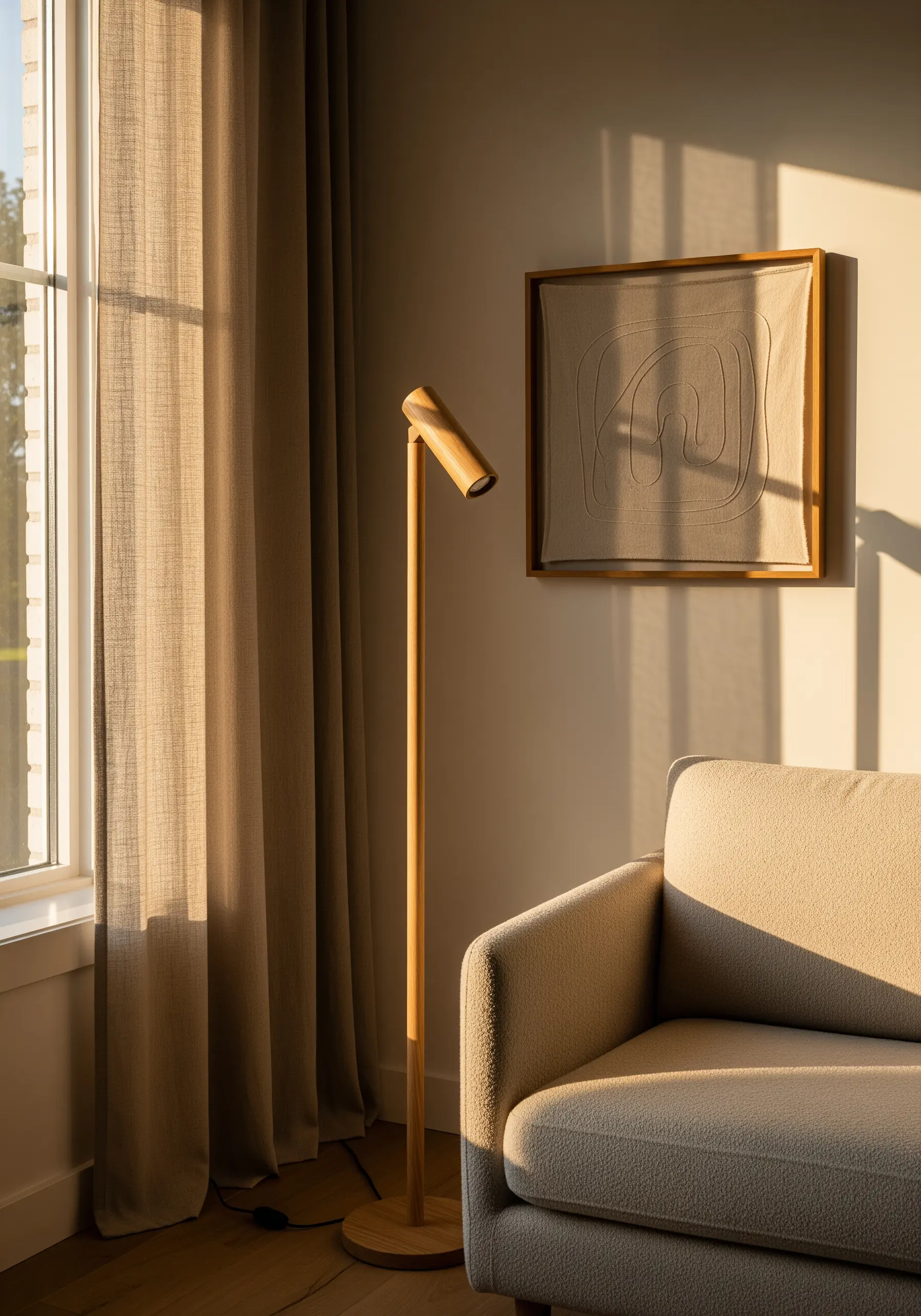 Framed minimalist embroidery featuring a single, continuous abstract line on linen fabric.