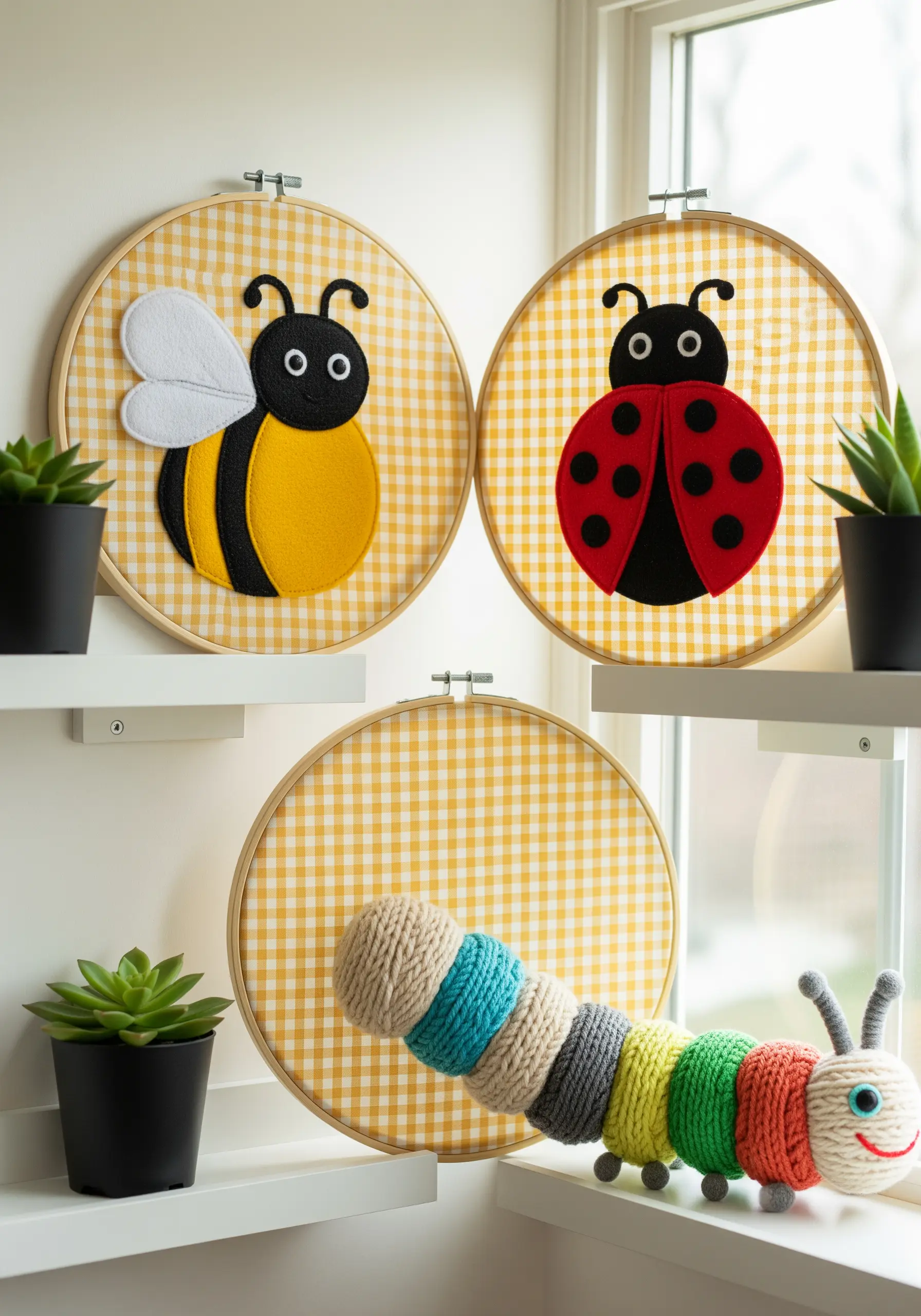 Three embroidery hoops on yellow gingham fabric, featuring felt appliqués of a bee and a ladybug.