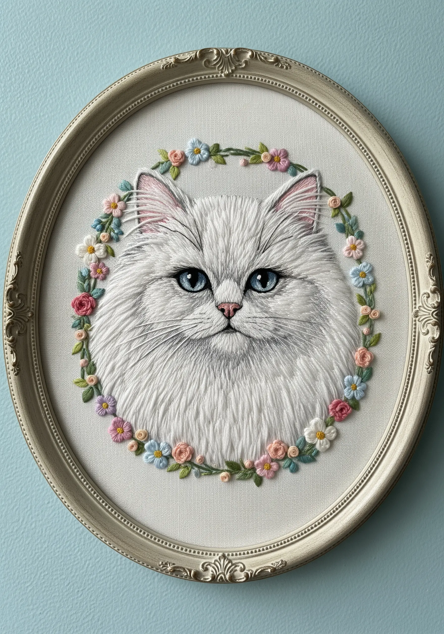 Realistic white cat portrait framed by a delicate floral wreath in an ornate oval frame.