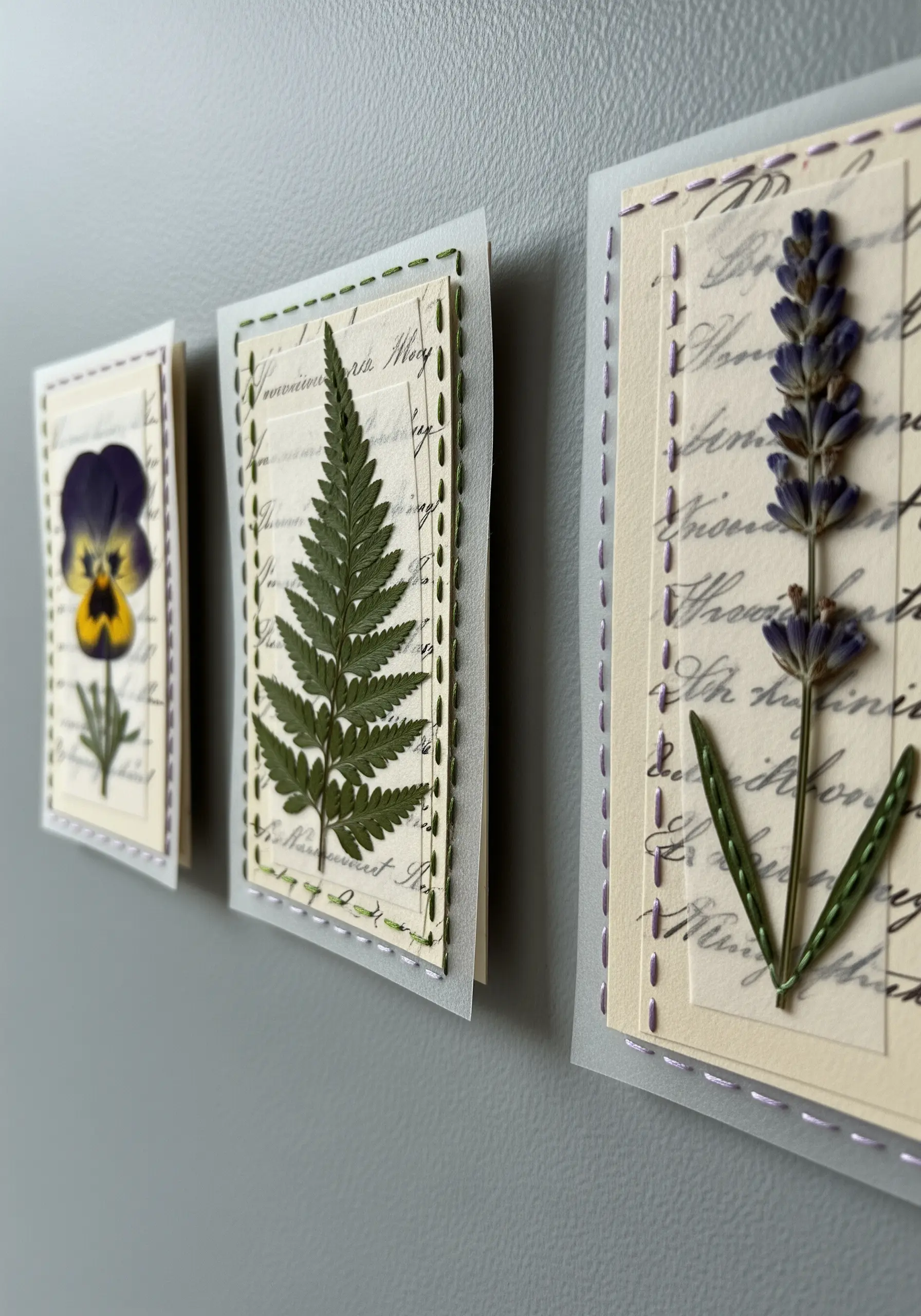 Pressed flowers on paper, framed with a simple running stitch in green and purple thread.