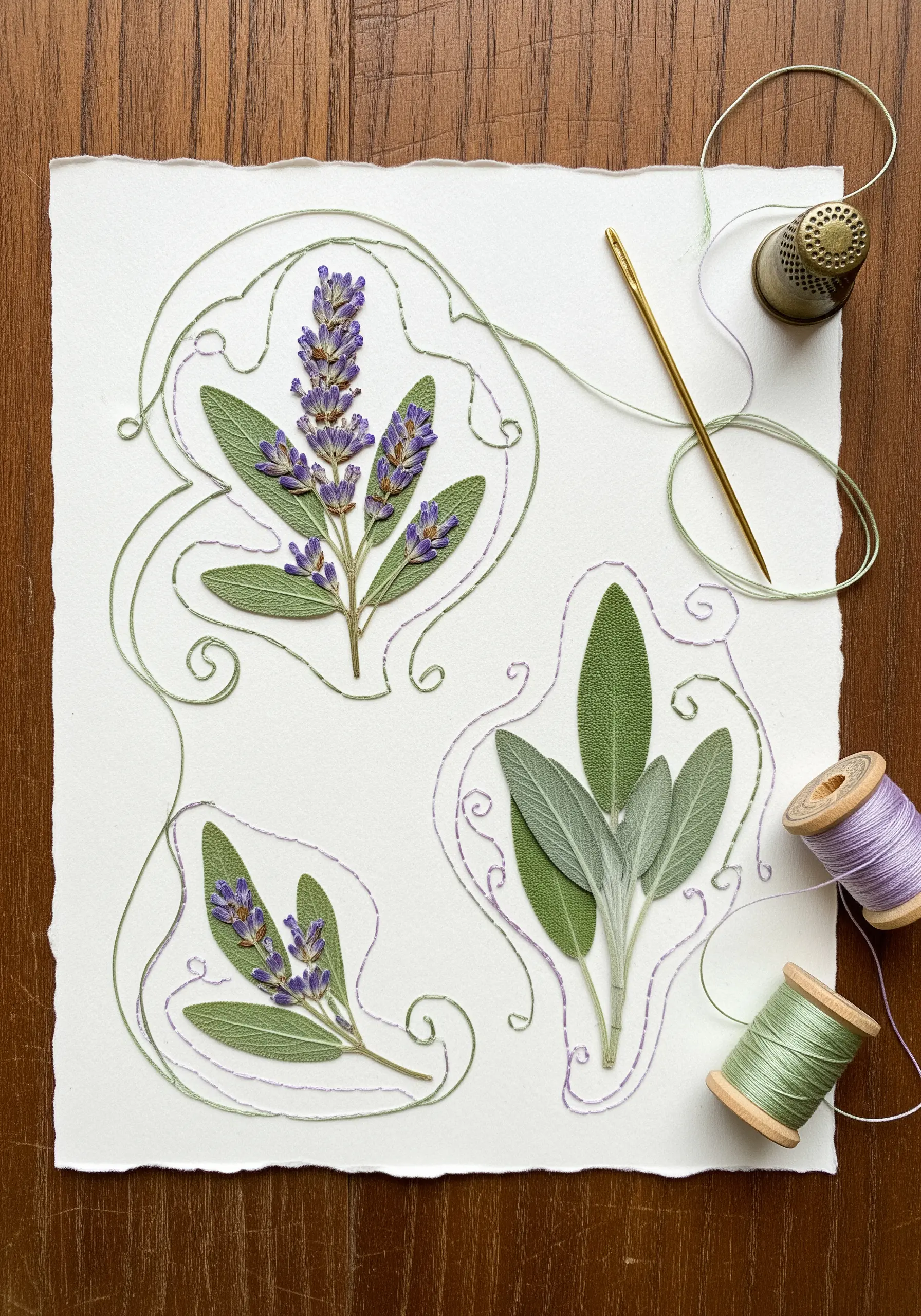 Thread outlines couched around pressed lavender and sage on handmade paper.