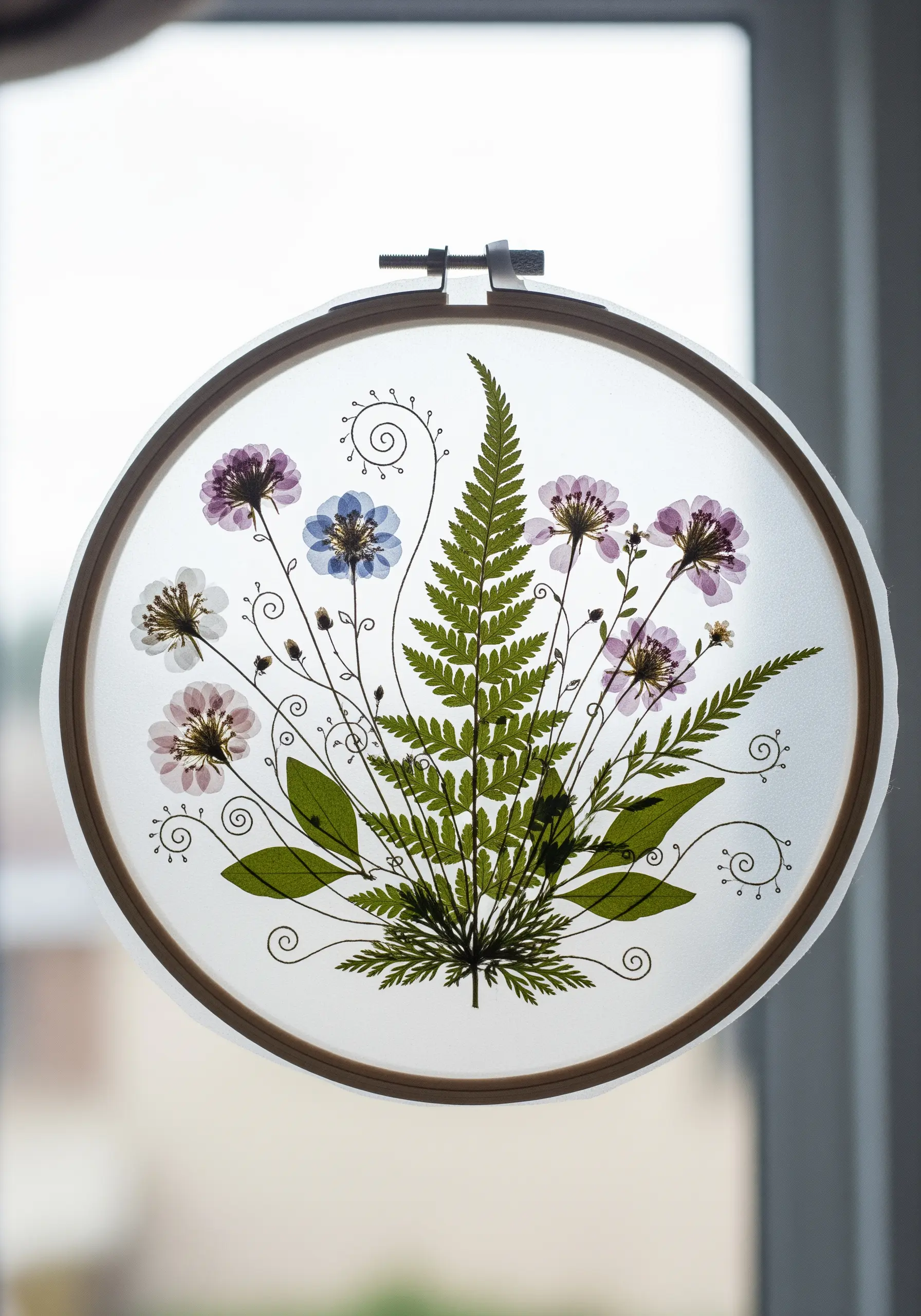 Pressed flowers and ferns arranged in an embroidery hoop between layers of sheer fabric.