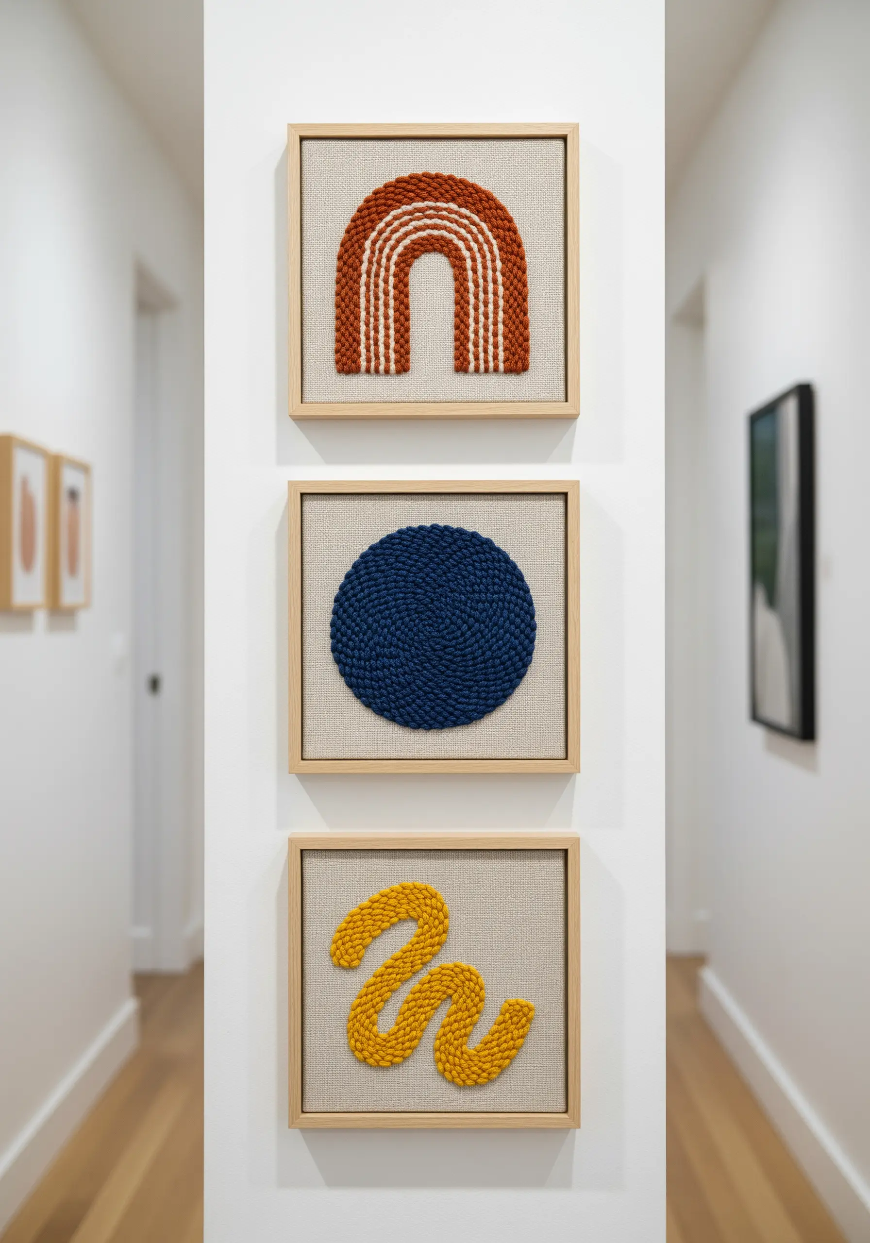 A gallery wall with three framed punch needle pieces showing abstract shapes.