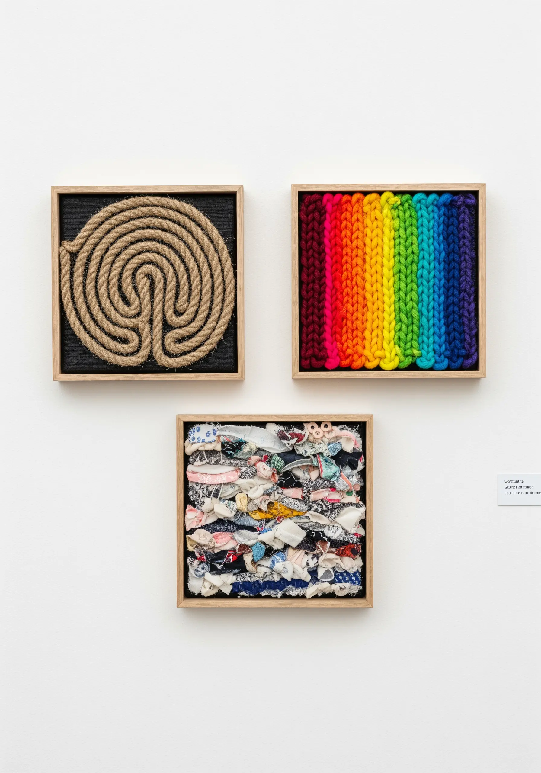A triptych of framed fiber art showing coiled rope, rainbow yarn, and knotted fabric scraps.