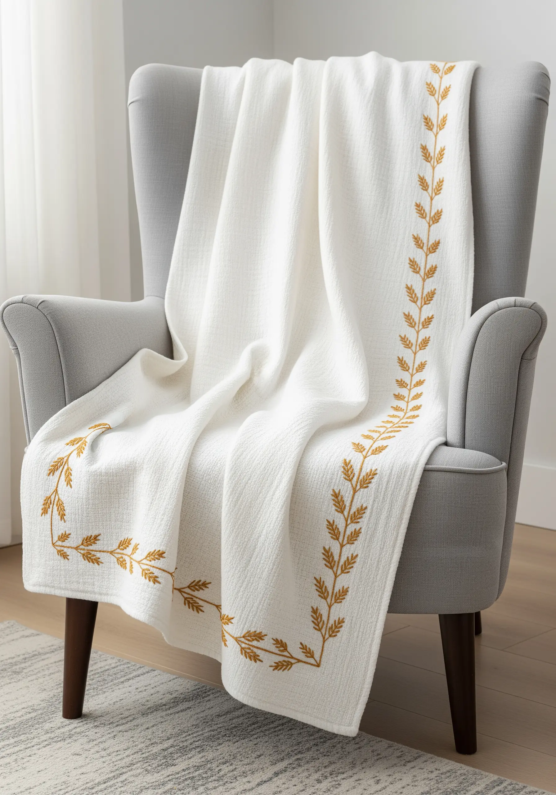 An off-white throw blanket with an elegant, golden-yellow embroidered leaf border.