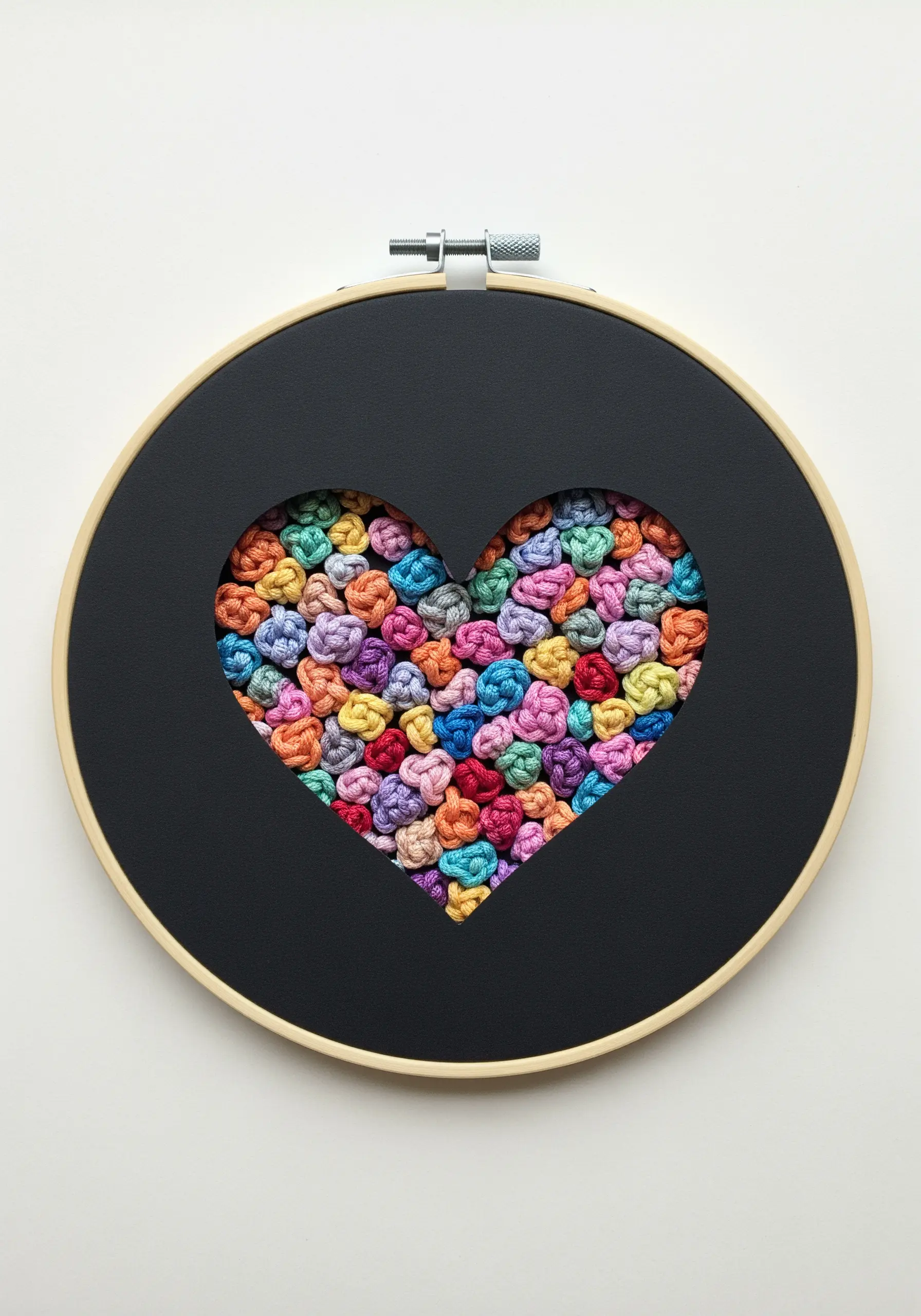 A black paper overlay with a heart-shaped cutout revealing a dense texture of colorful knots.