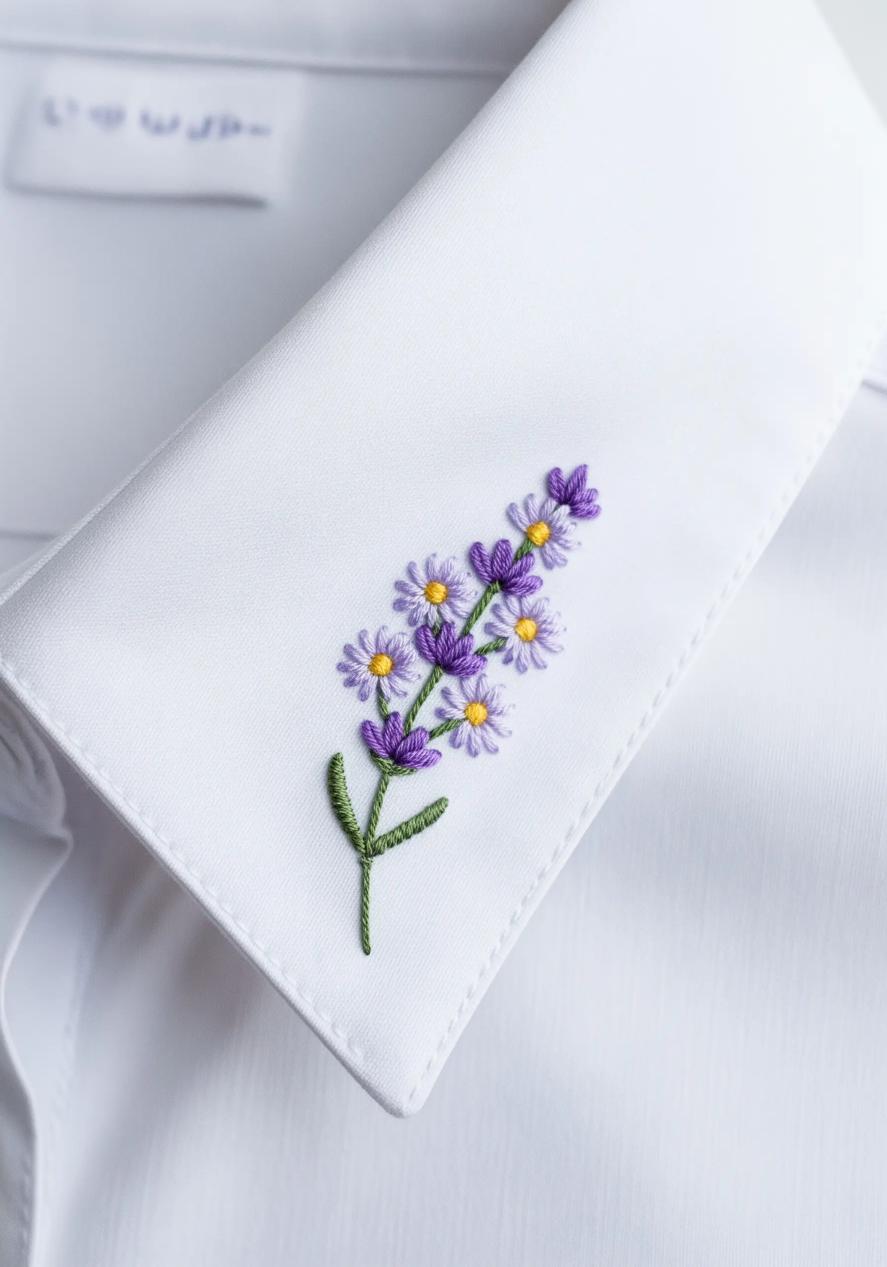 Delicate lavender and daisy bouquet embroidered on a white shirt collar.