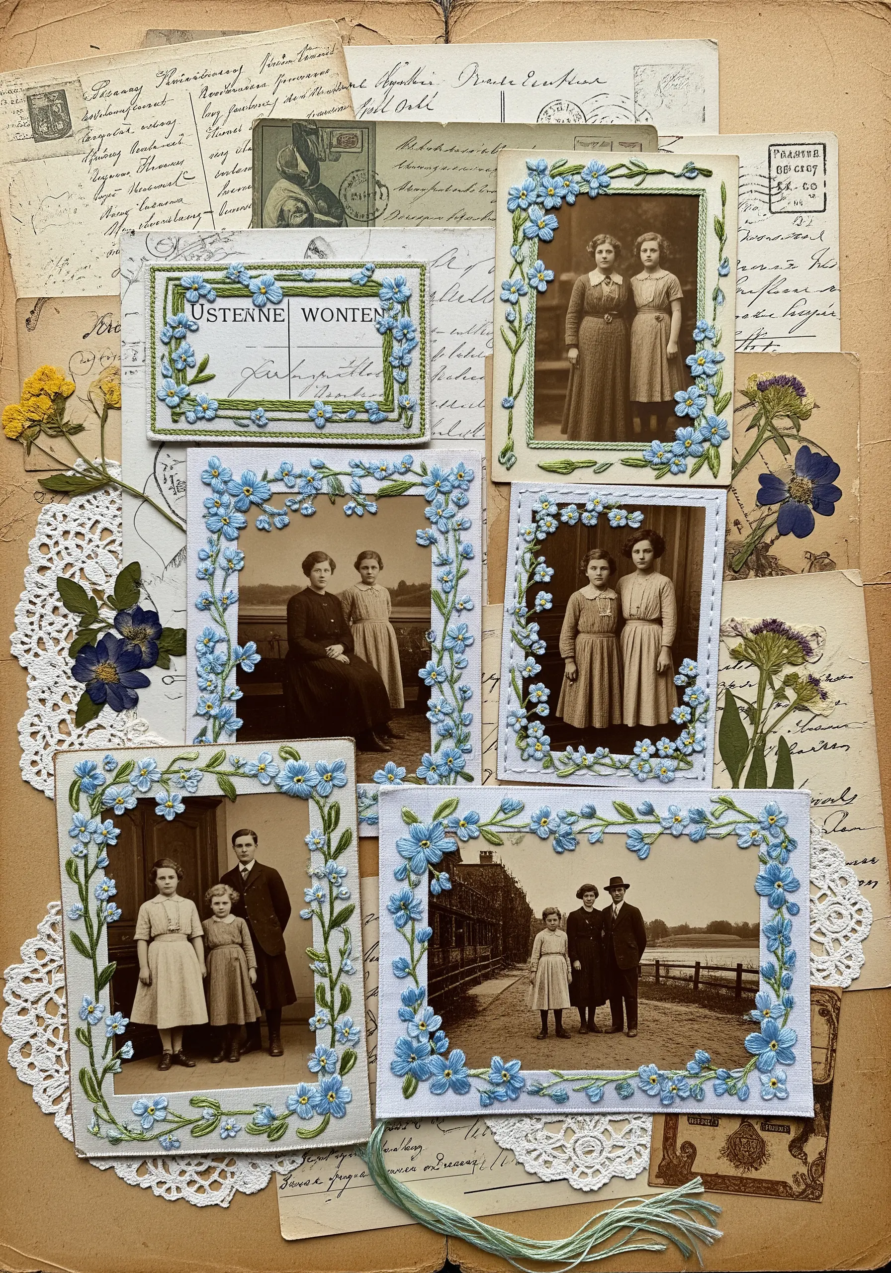 Vintage photographs arranged on a scrapbook page, framed with hand-stitched blue flowers.