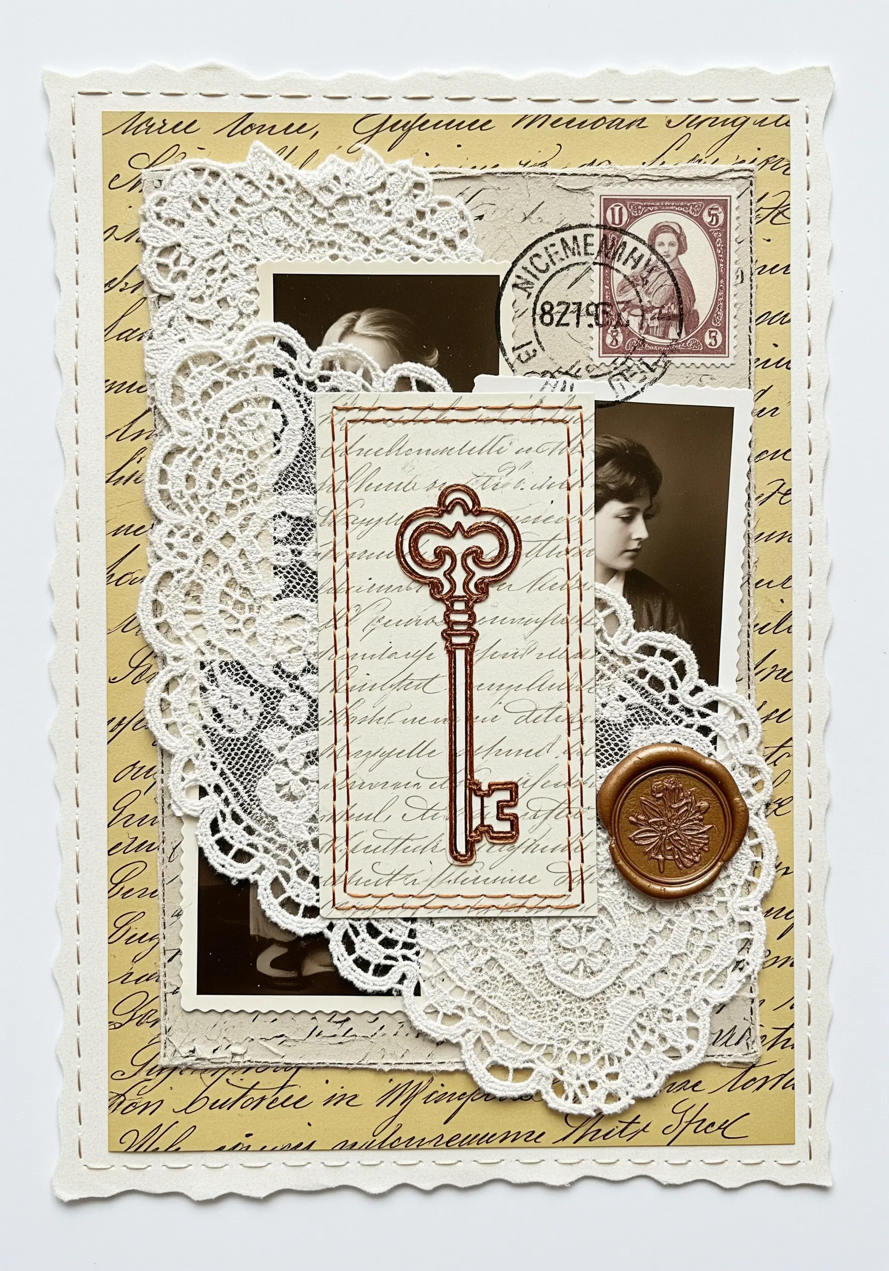 Vintage photo collage with a key outlined in reddish-brown backstitch on a paper card