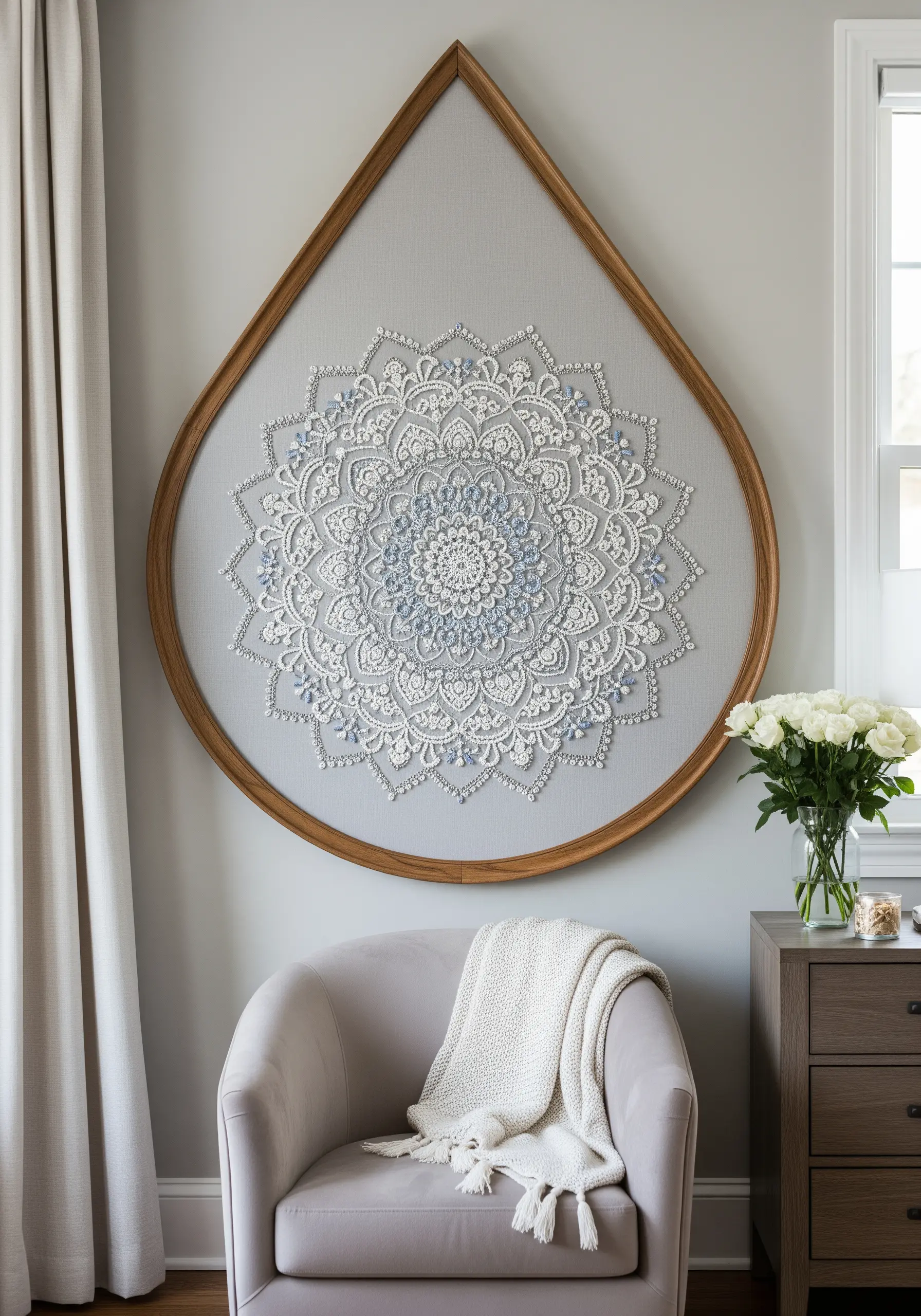 An intricate white and light blue mandala stretched in a custom teardrop-shaped wooden frame.