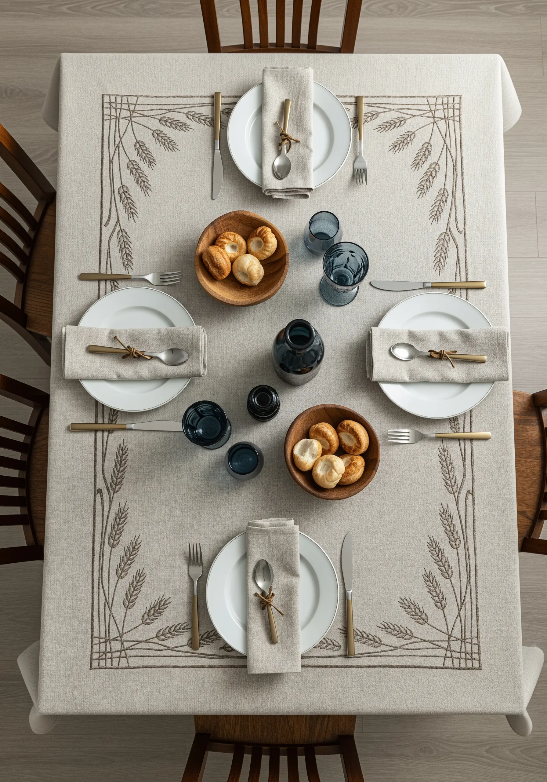 A linen tablecloth with an embroidered border of wheat sheaves and straight lines.