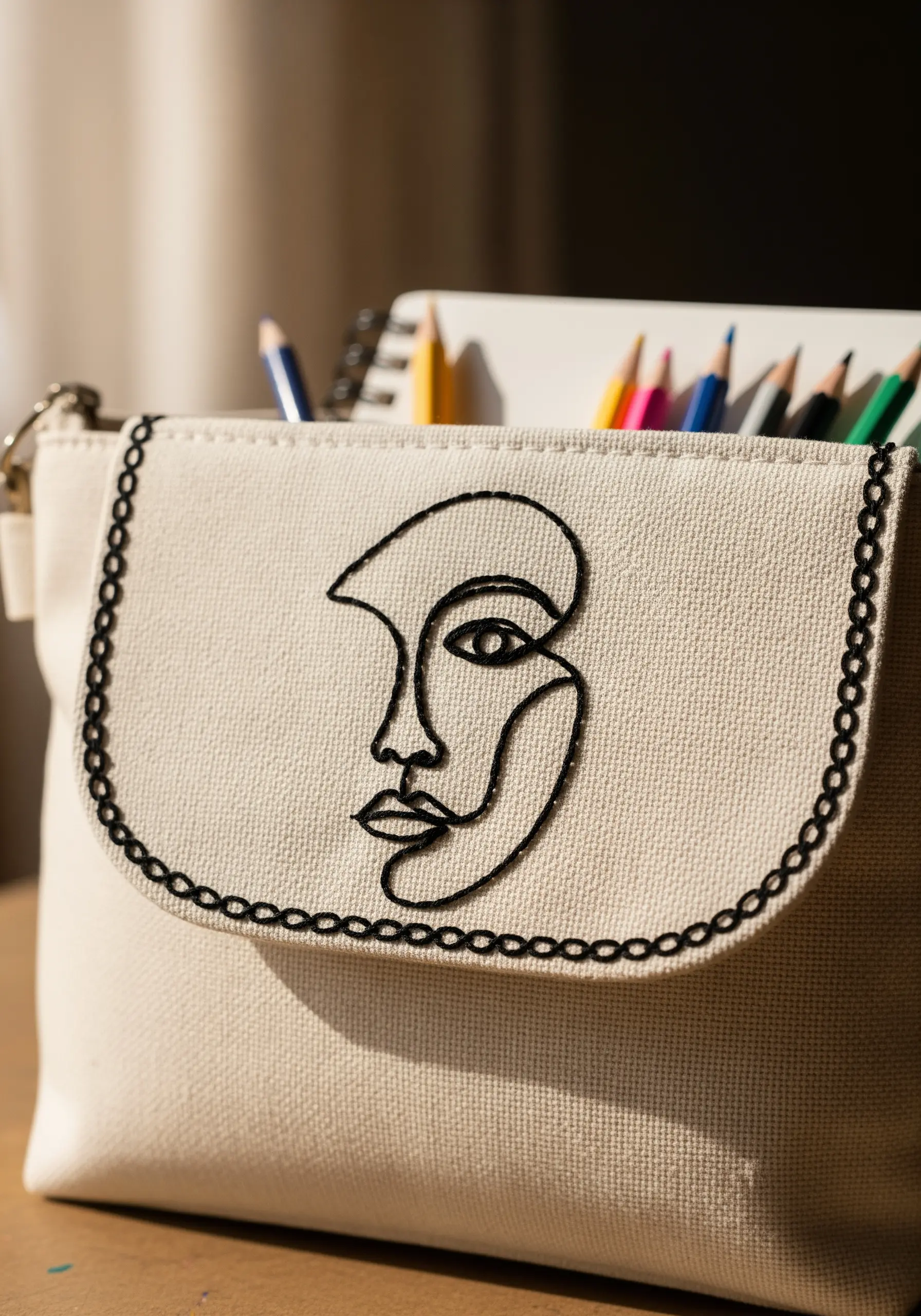 An abstract face embroidered on a pouch flap, framed with a black detached chain stitch border.