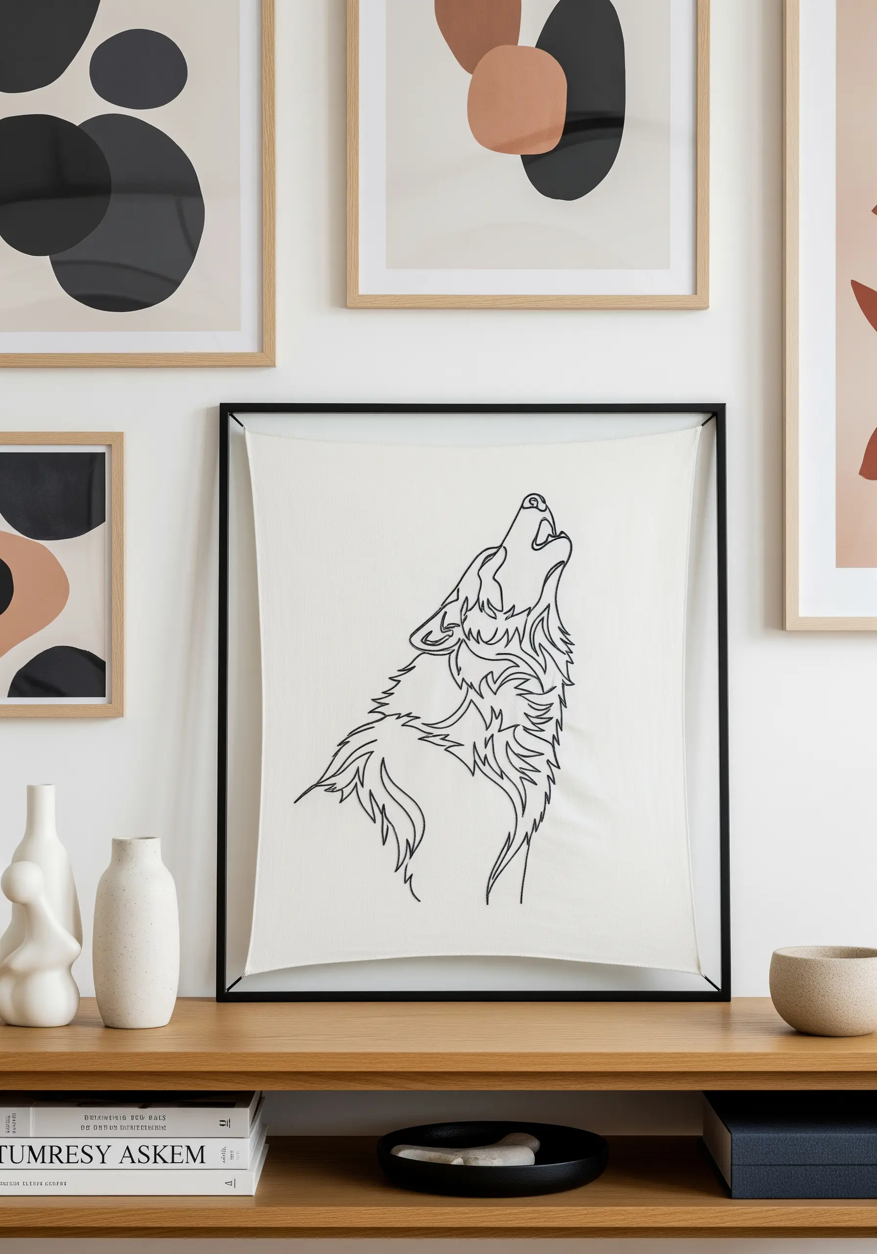 Line art of a howling wolf embroidered in black thread, stretched in a floating black frame.