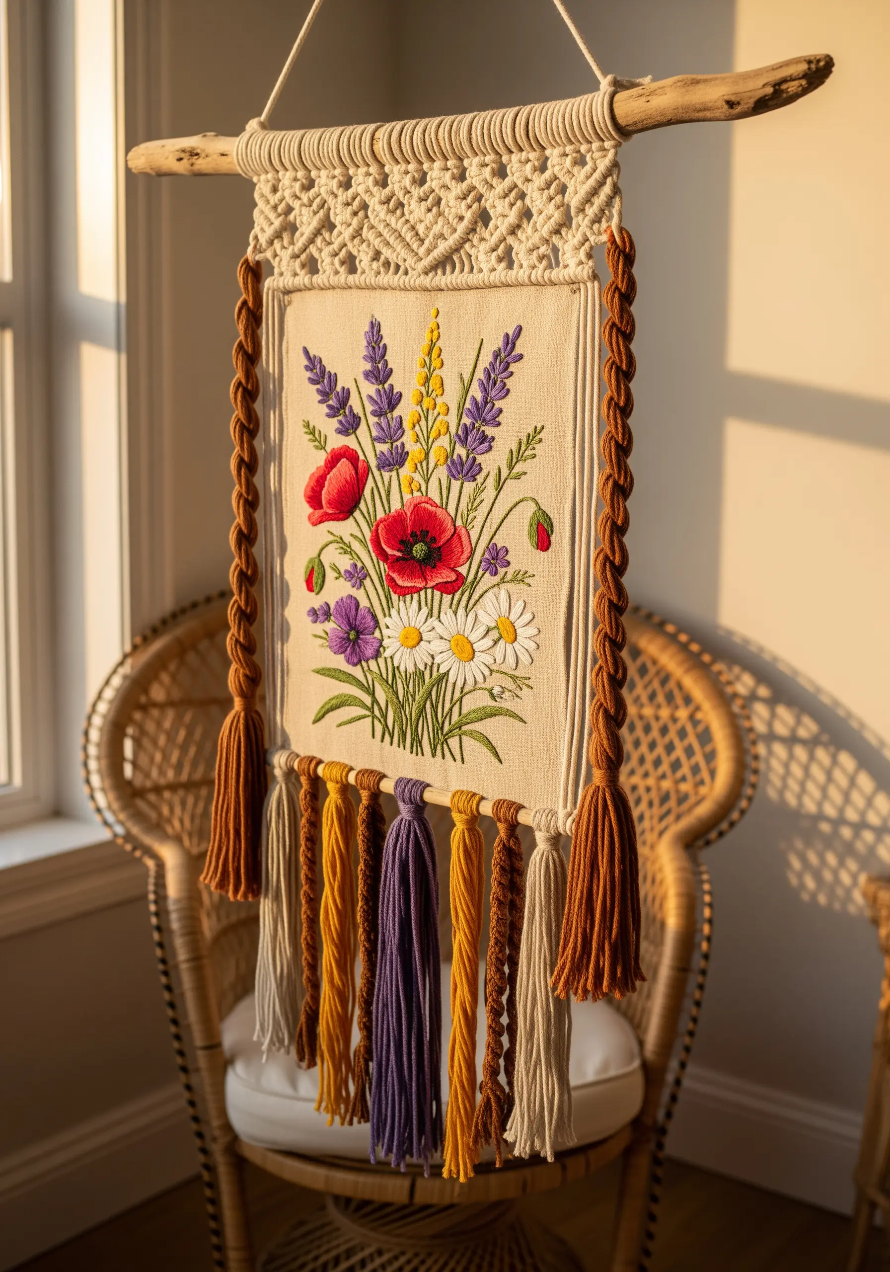 Embroidered floral bouquet hanging from a macrame header with colorful tassels.